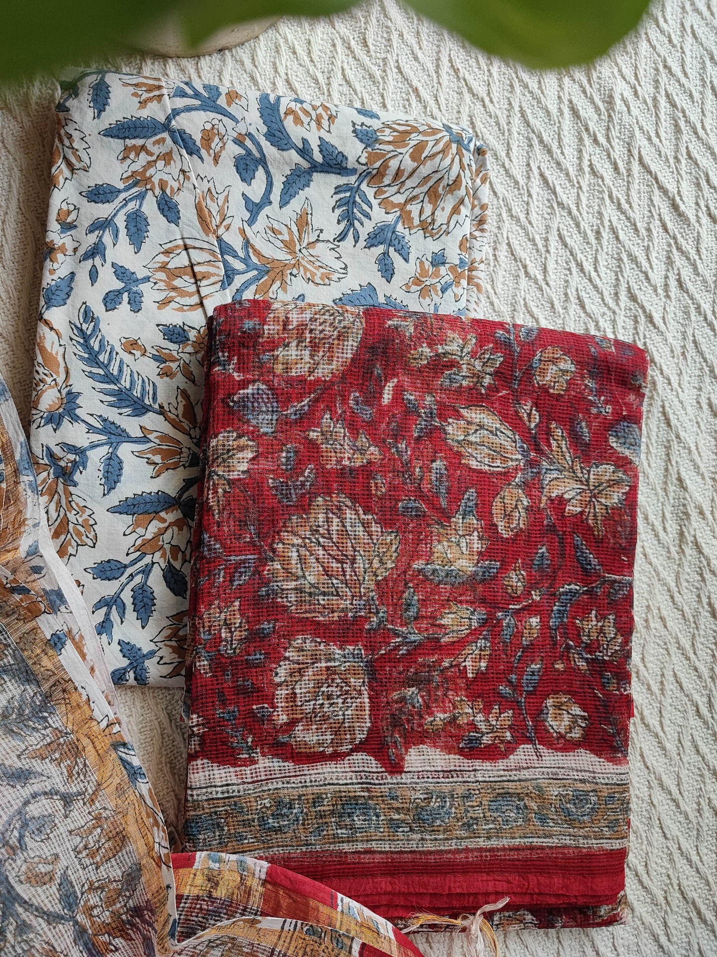 Red and Beige Floral Printed Kota Suit Set with Blue and Brown Leaf Print Dupatta