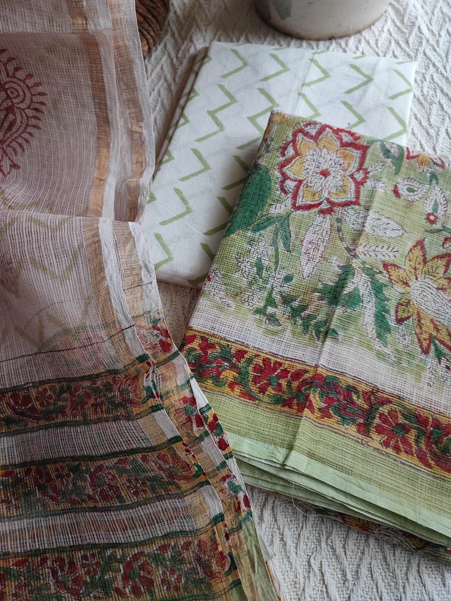 Light Green Floral Printed Kota Suit Set with White Chevron Print Dupatta