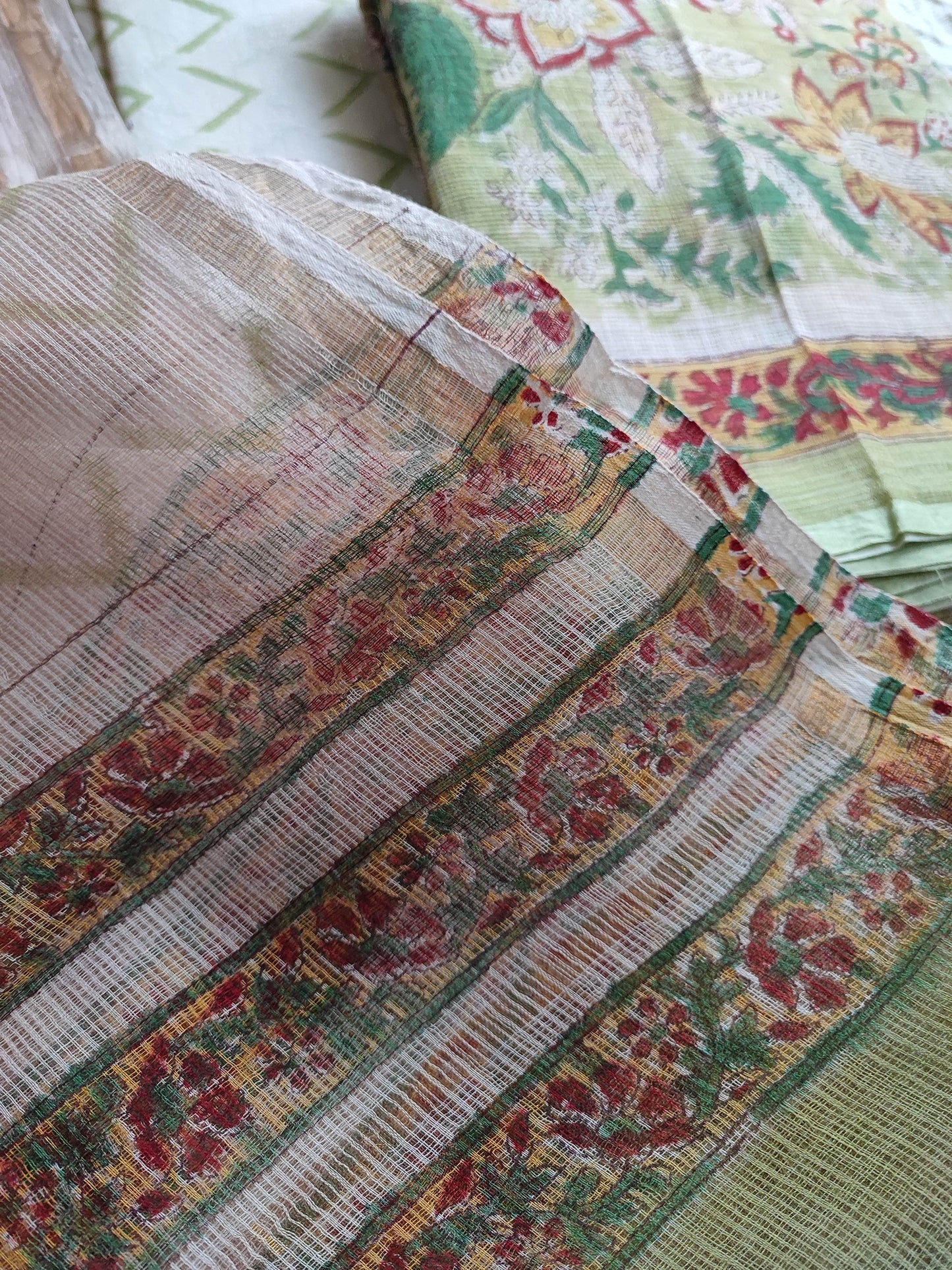 Light Green Floral Printed Kota Suit Set with White Chevron Print Dupatta