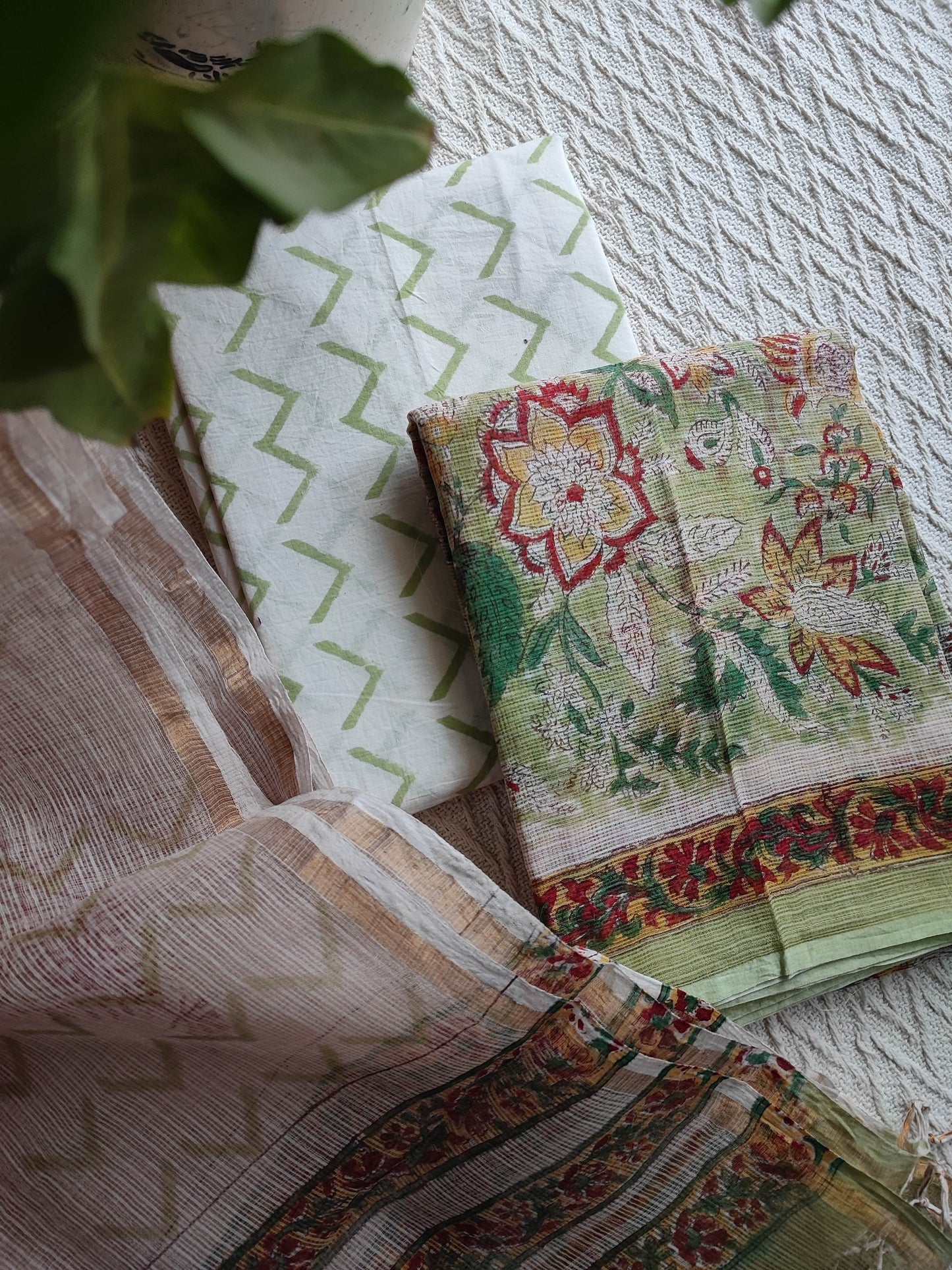 Light Green Floral Printed Kota Suit Set with White Chevron Print Dupatta