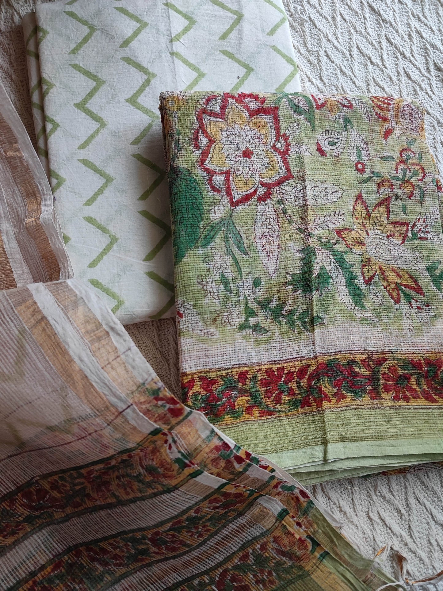 Light Green Floral Printed Kota Suit Set with White Chevron Print Dupatta