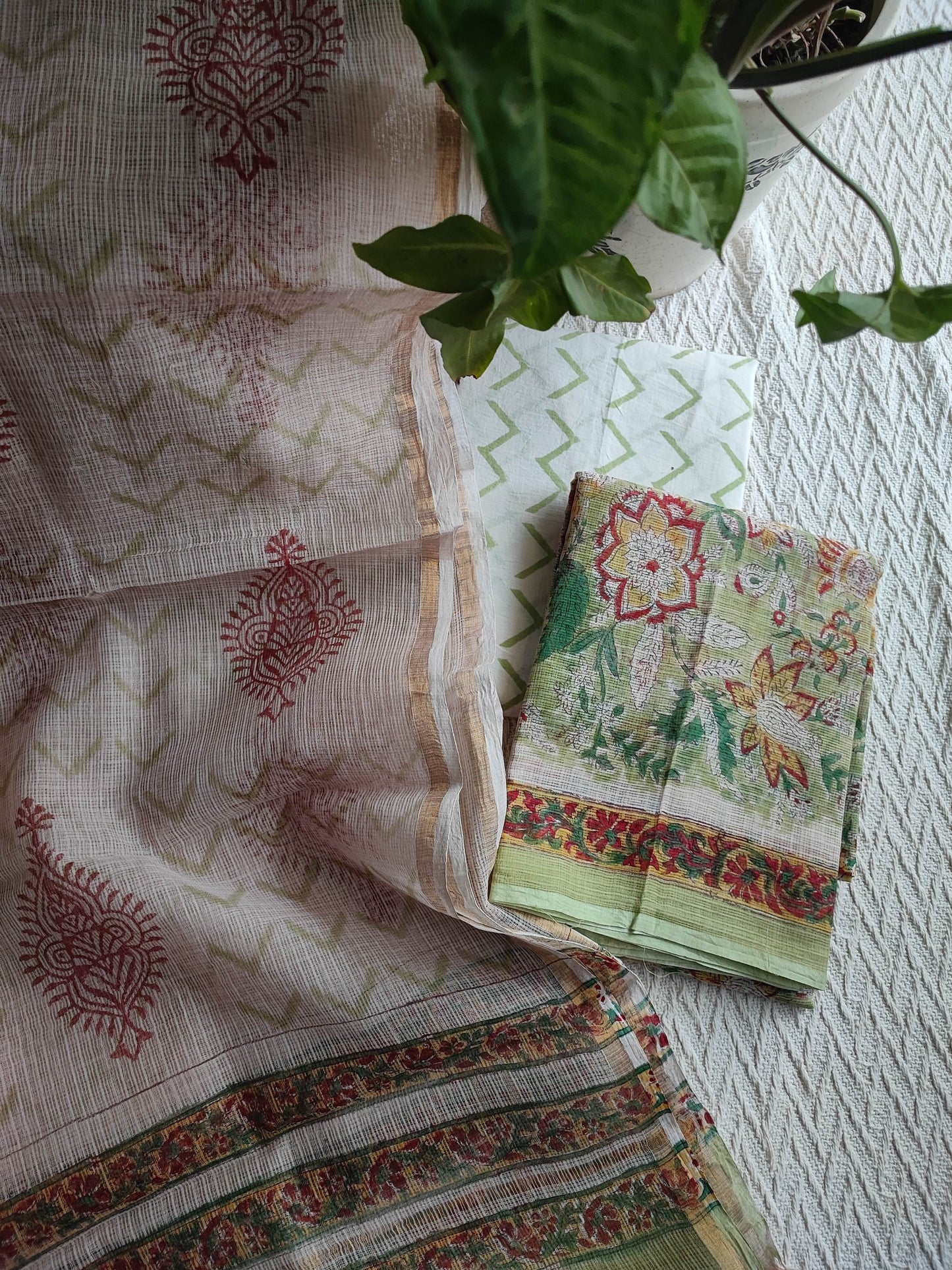Light Green Floral Printed Kota Suit Set with White Chevron Print Dupatta