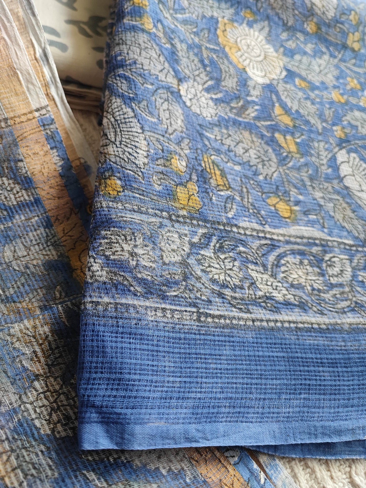 Blue Floral Printed Kota Suit Set with Off-White Leaf Print Dupatta