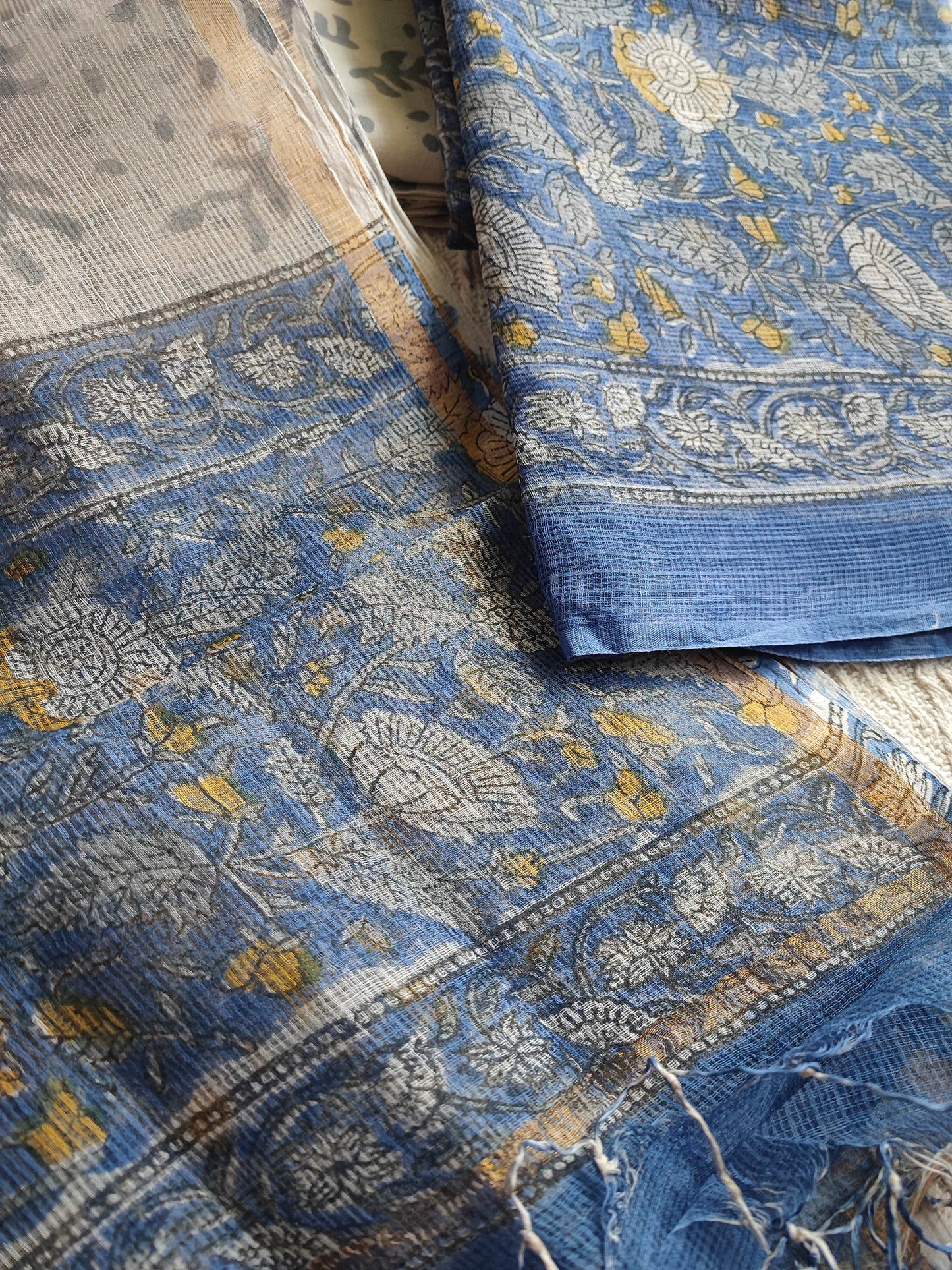 Blue Floral Printed Kota Suit Set with Off-White Leaf Print Dupatta