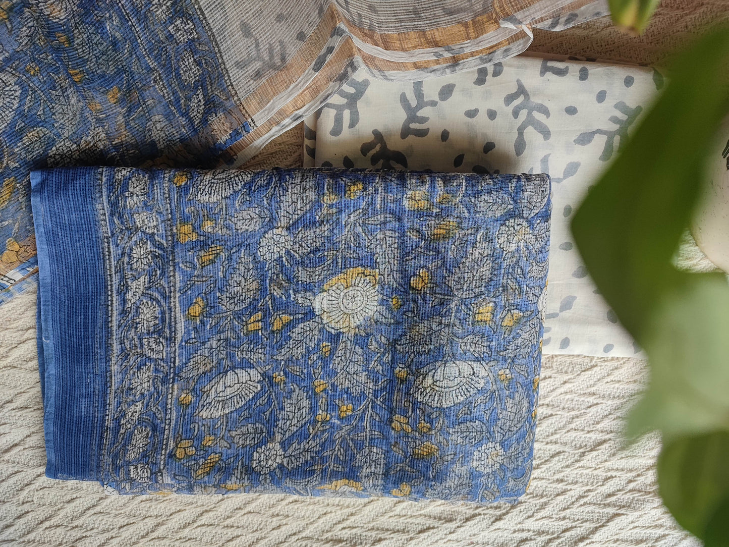 Blue Floral Printed Kota Suit Set with Off-White Leaf Print Dupatta