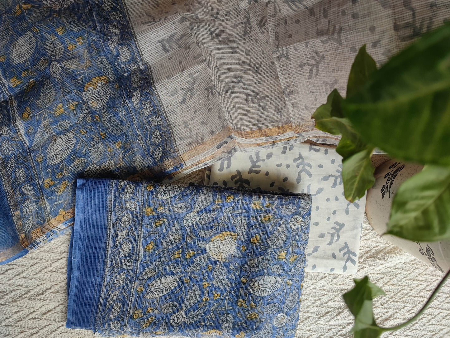 Blue Floral Printed Kota Suit Set with Off-White Leaf Print Dupatta