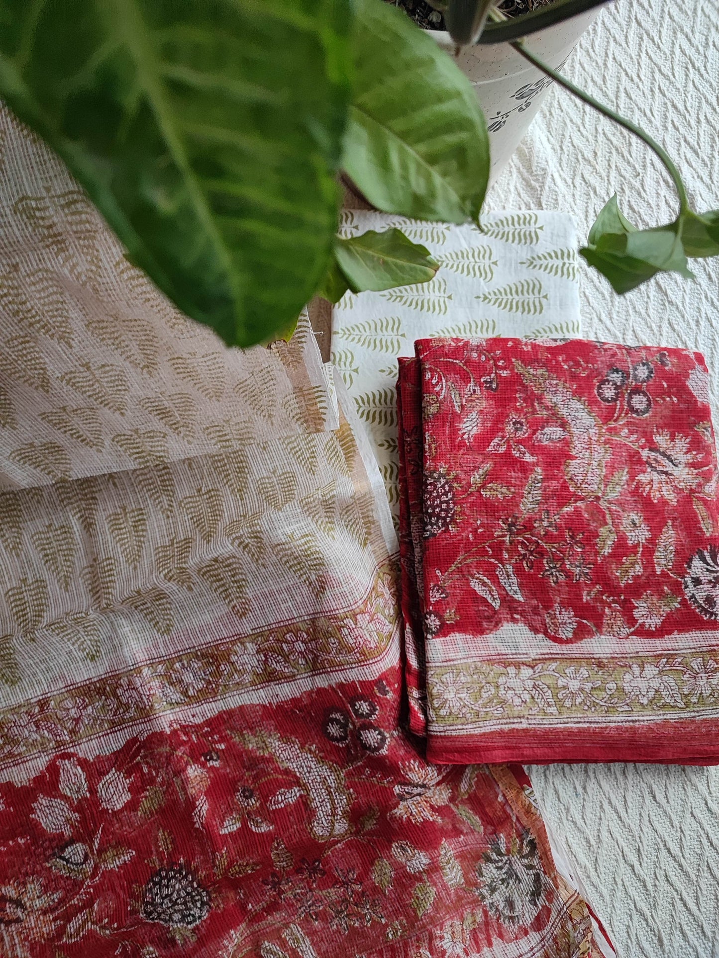 Red Floral Printed Kota Suit Set with Off-White Leaf Print Dupatta