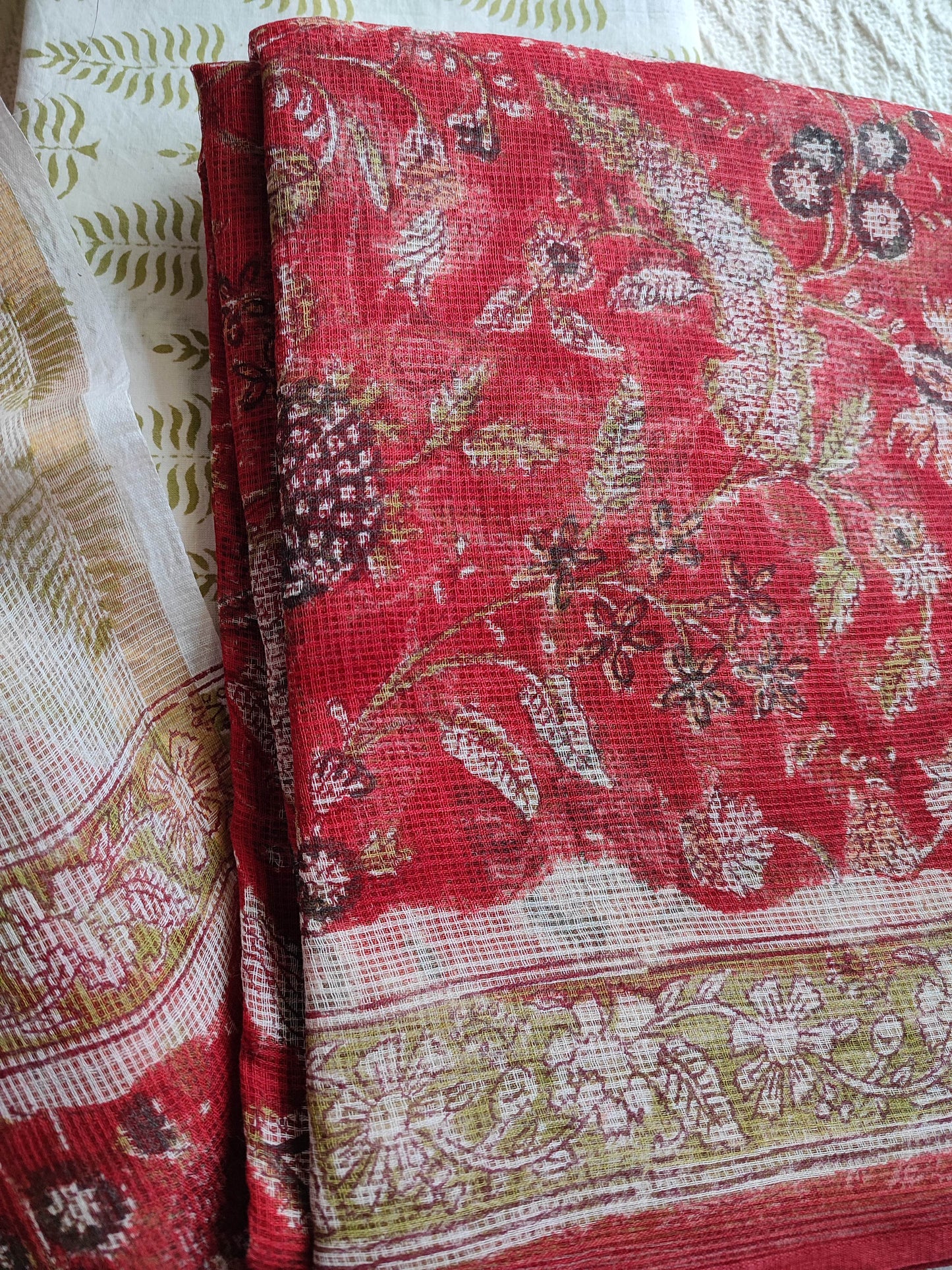 Red Floral Printed Kota Suit Set with Off-White Leaf Print Dupatta
