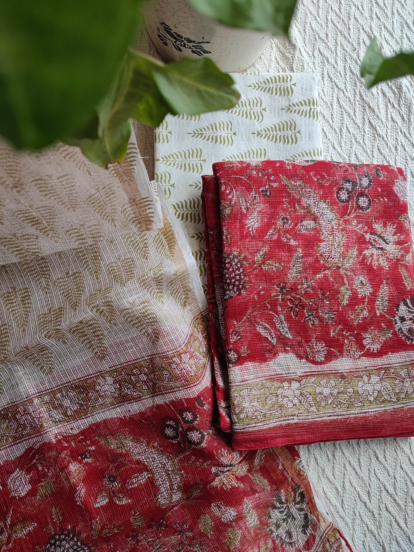 Red Floral Printed Kota Suit Set with Off-White Leaf Print Dupatta