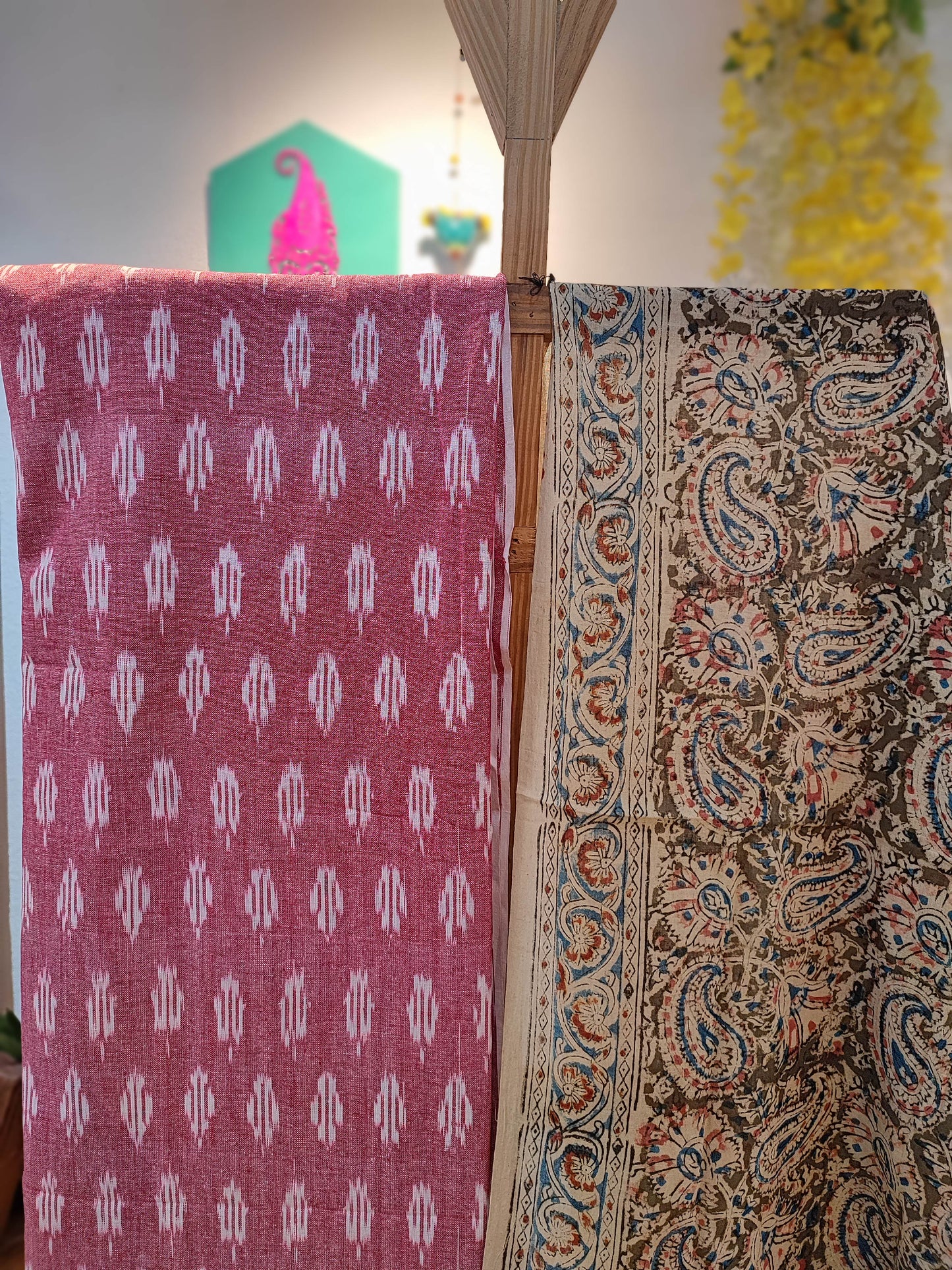 Pink Ikkat Suit with Grey Kalamkari Cotton Pant and Multicolor Dupatta