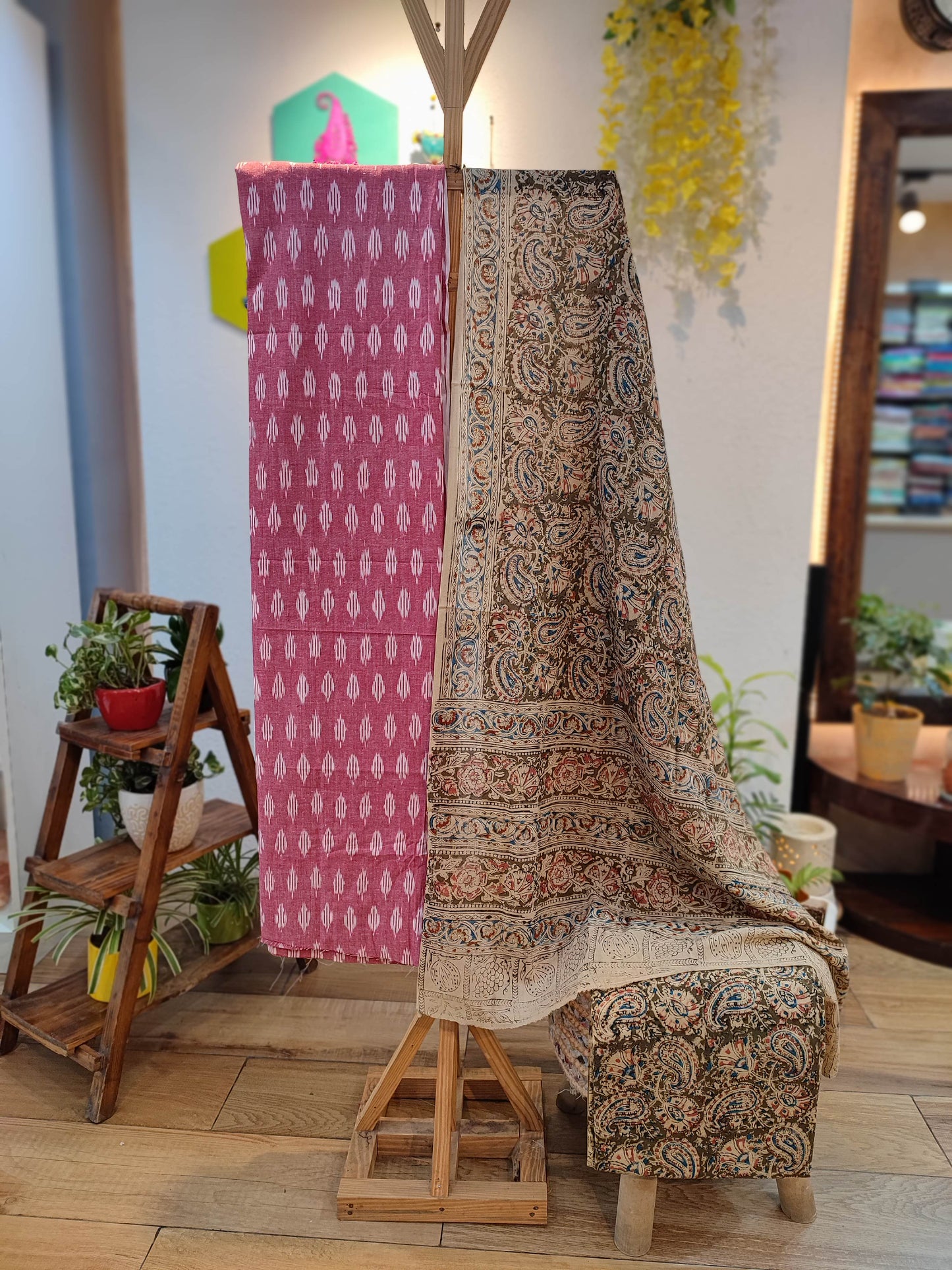 Pink Ikkat Suit with Grey Kalamkari Cotton Pant and Multicolor Dupatta
