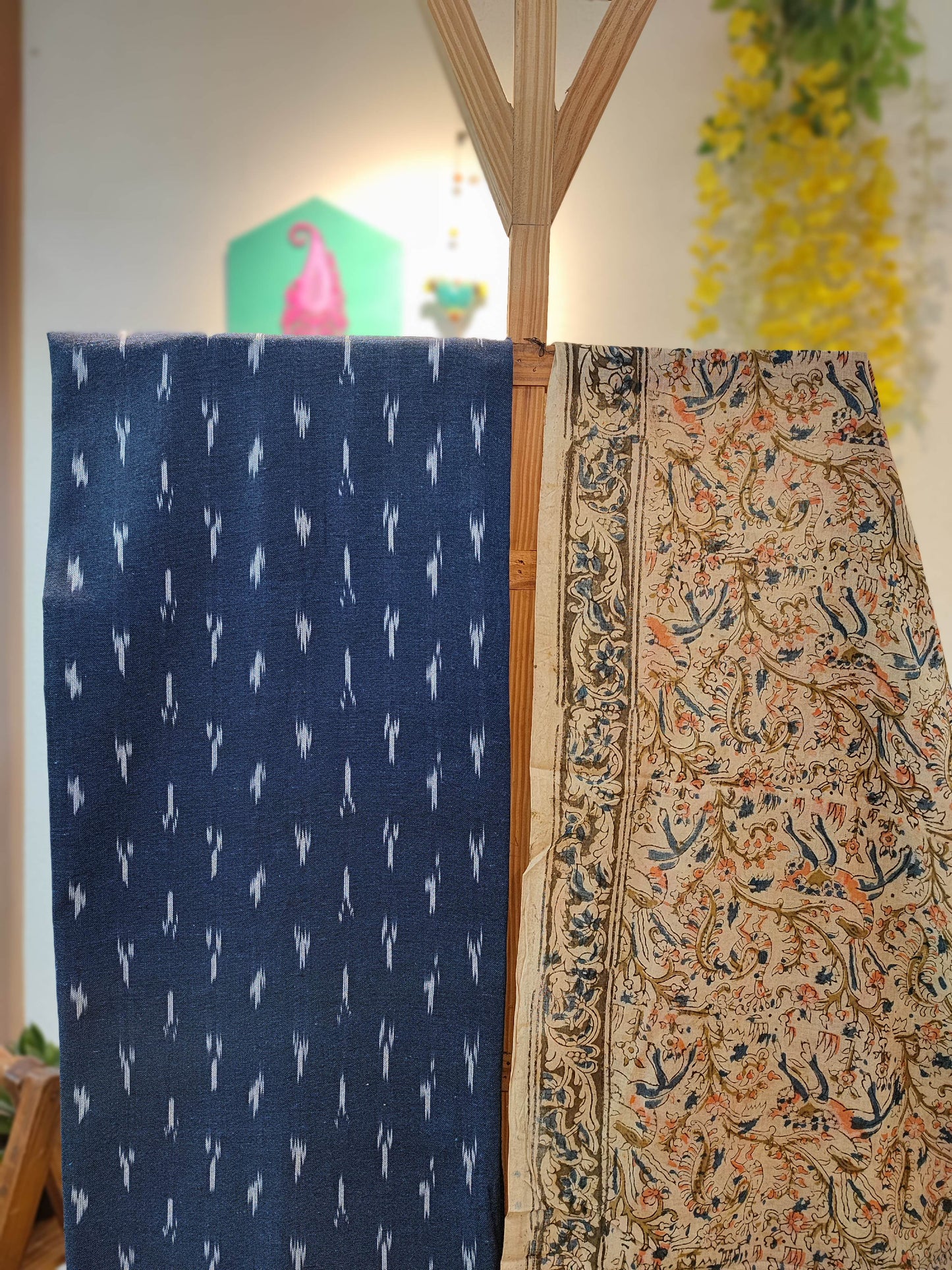 Navy Blue Ikkat Suit with Beige Kalamkari Cotton Pant and Multicolor Dupatta