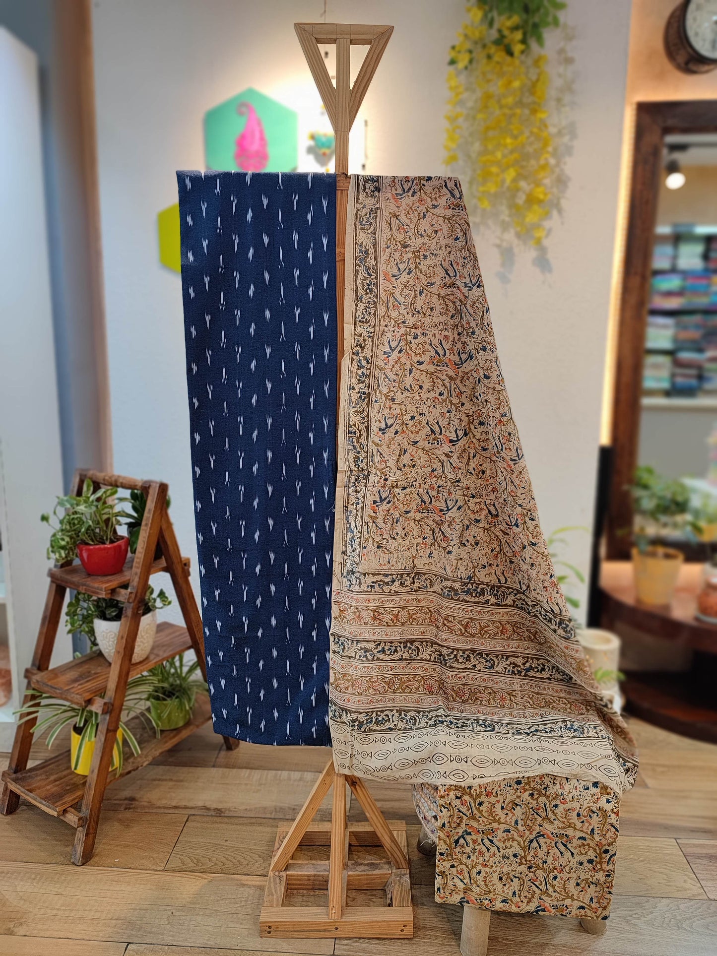 Navy Blue Ikkat Suit with Beige Kalamkari Cotton Pant and Multicolor Dupatta
