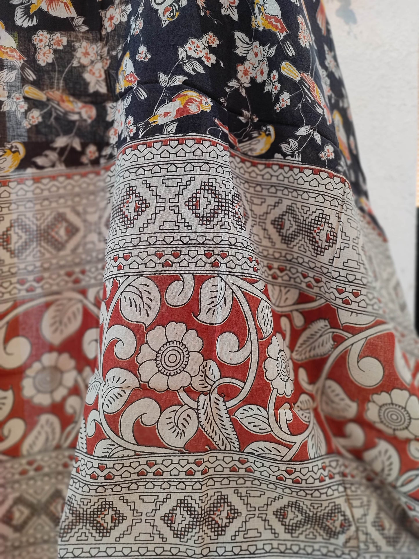 Elegant Red and Black Floral Suit Set with Kalamkari Prints, Bottom, and Dupatta