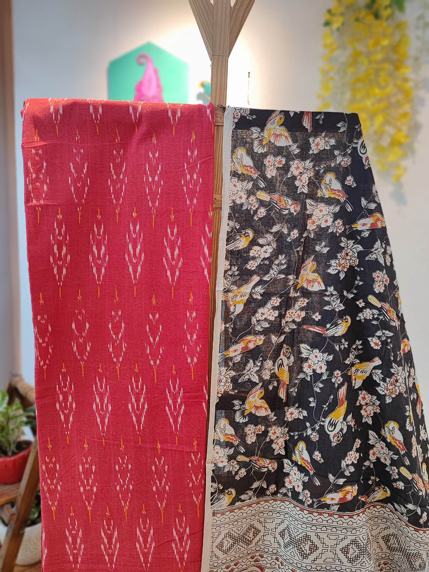 Elegant Red and Black Floral Suit Set with Kalamkari Prints, Bottom, and Dupatta