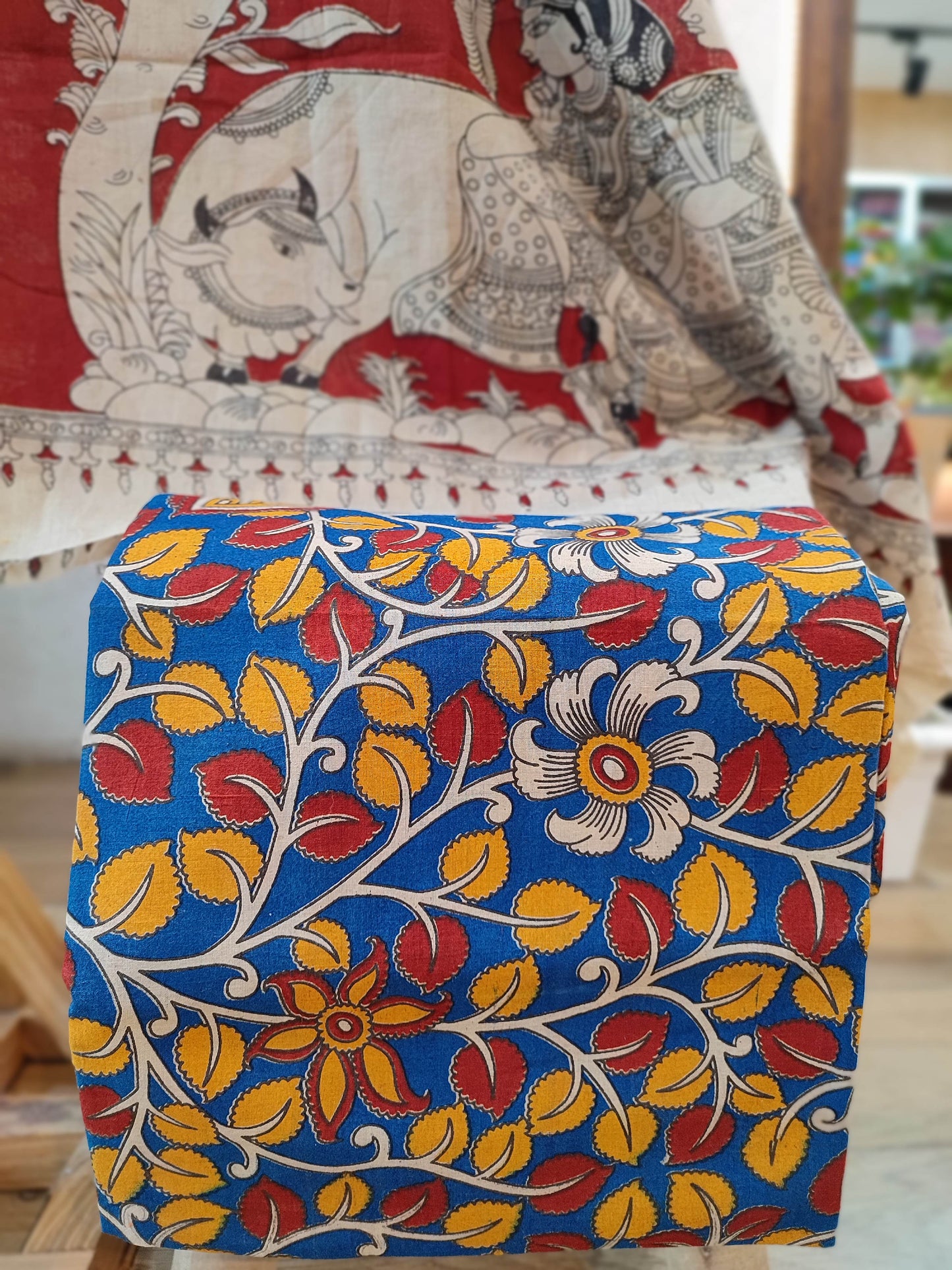 Mango yellow Ikkat Suit Set with Kalamkari Prints, Bottom, and Dupatta