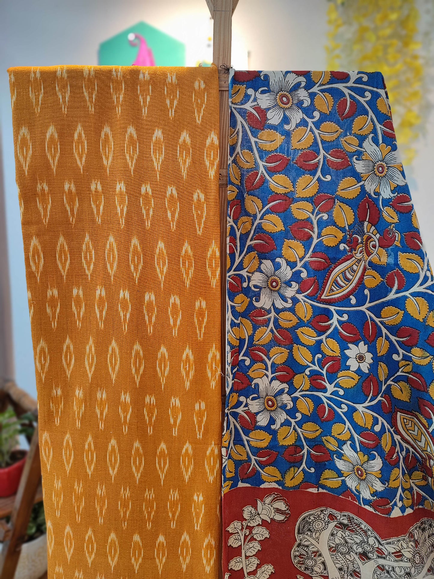 Mango yellow Ikkat Suit Set with Kalamkari Prints, Bottom, and Dupatta