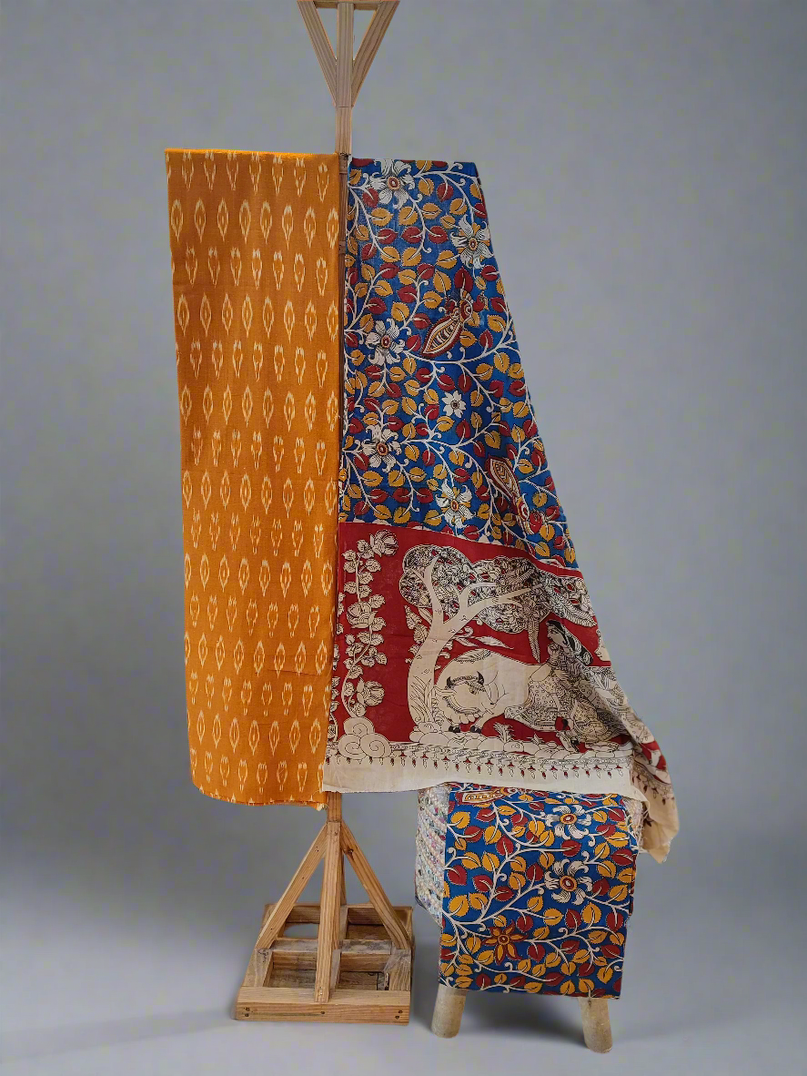 Mango yellow Ikkat Suit Set with Kalamkari Prints, Bottom, and Dupatta