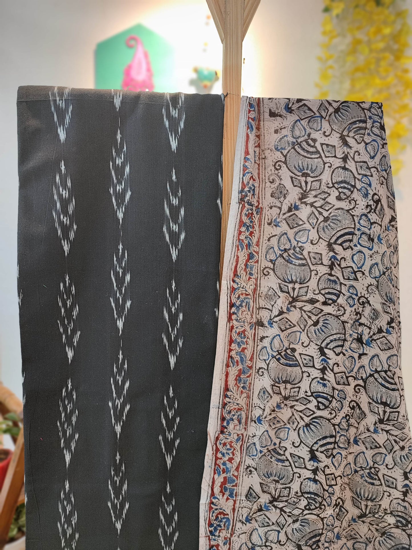 Elegant Black Ikkat Suit Set with Kalamkari Prints, Bottom, and Dupatta