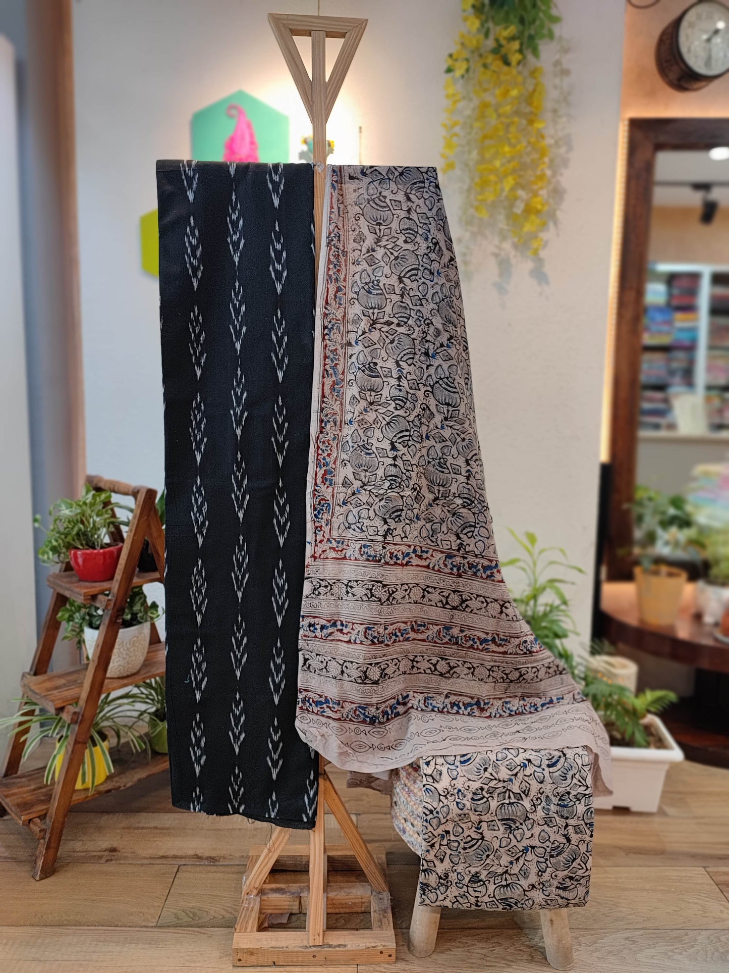 Elegant Black Ikkat Suit Set with Kalamkari Prints, Bottom, and Dupatta