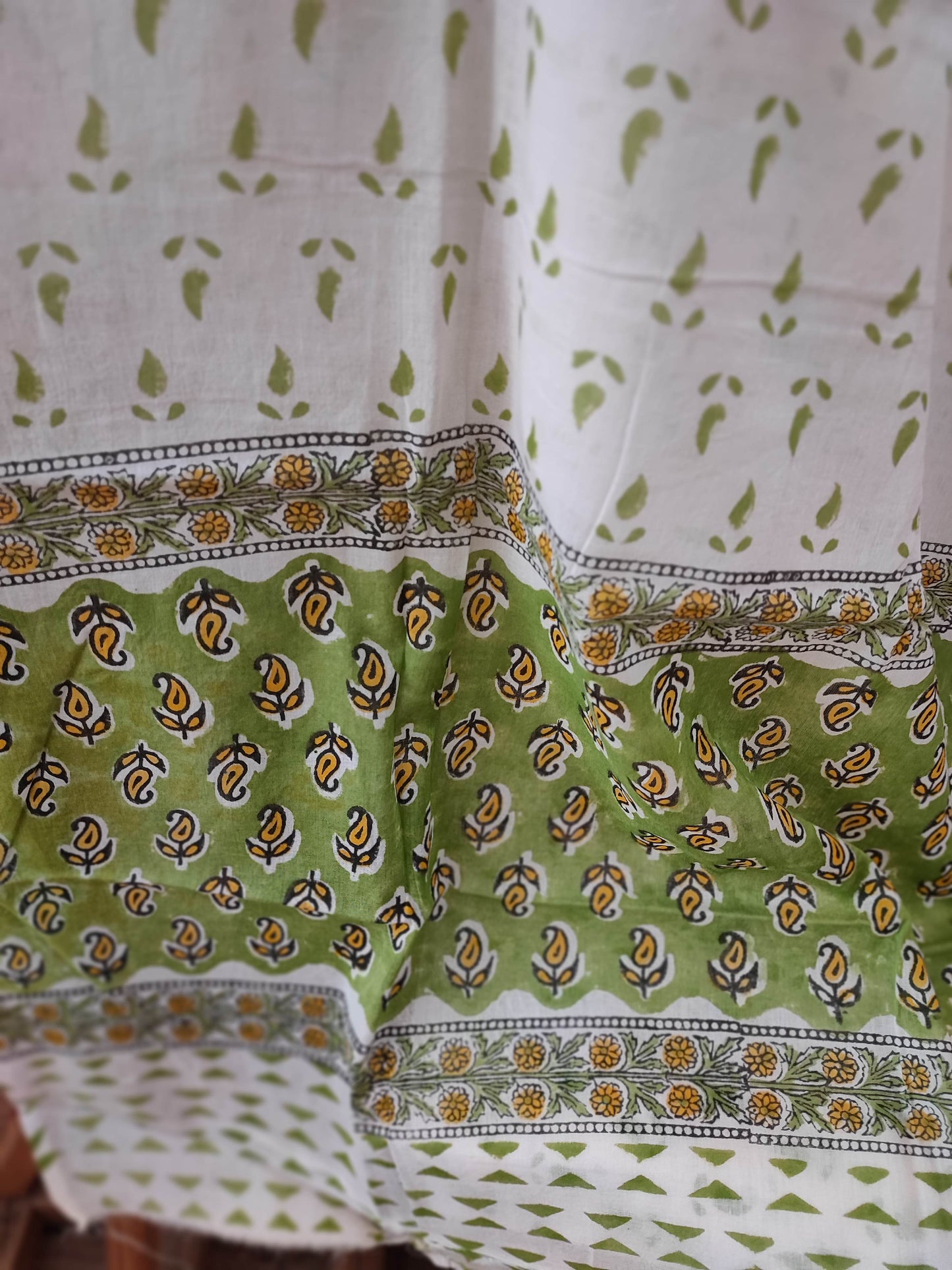 Green and White floral Pattern Handblock Printed Cotton Suit Material with Cotton Bottom and Dupatta