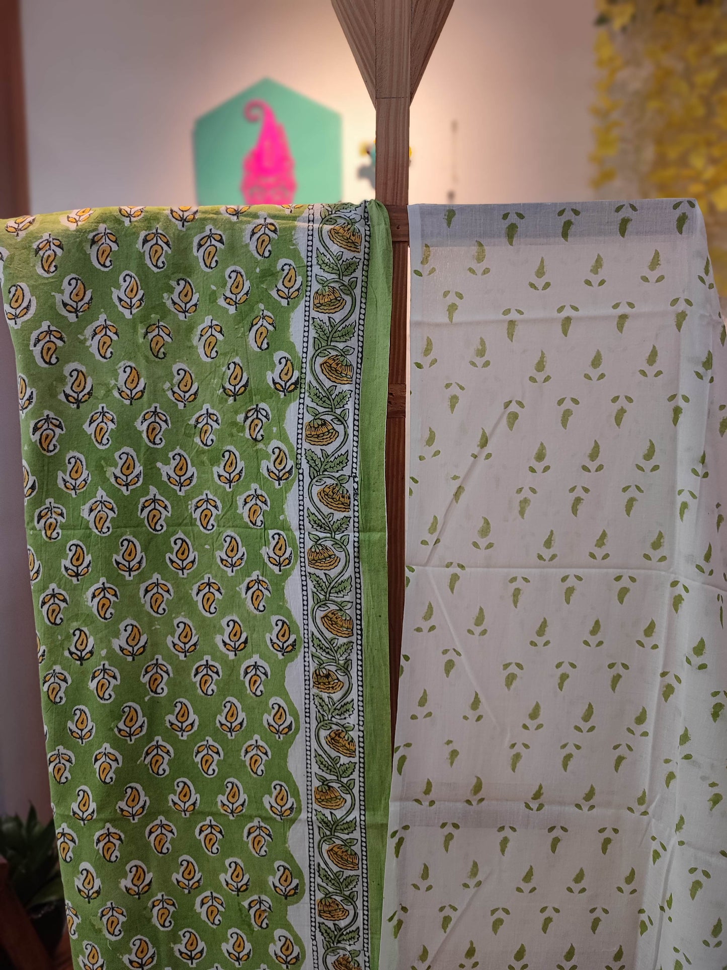 Green and White floral Pattern Handblock Printed Cotton Suit Material with Cotton Bottom and Dupatta