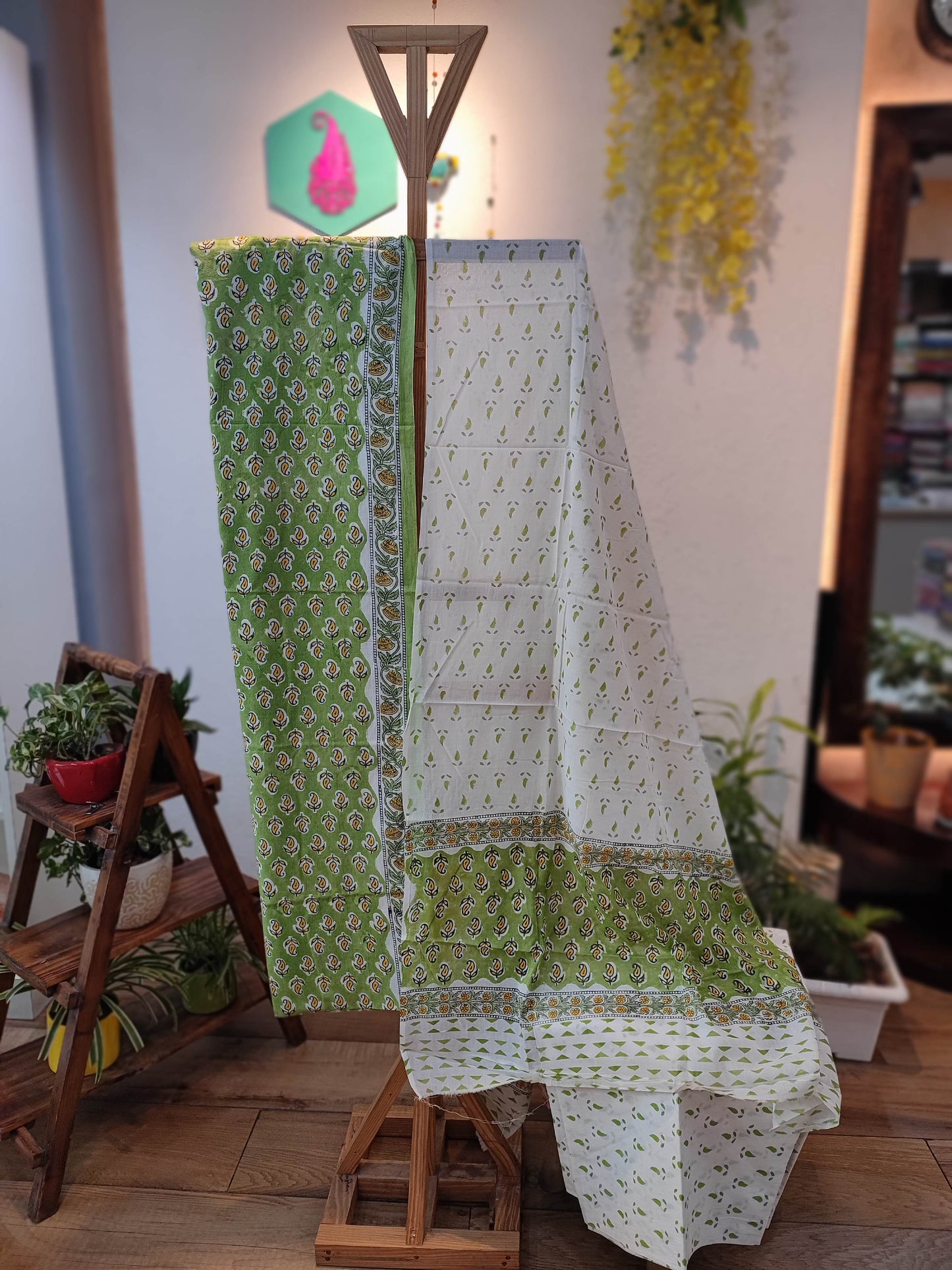 Green and White floral Pattern Handblock Printed Cotton Suit Material with Cotton Bottom and Dupatta