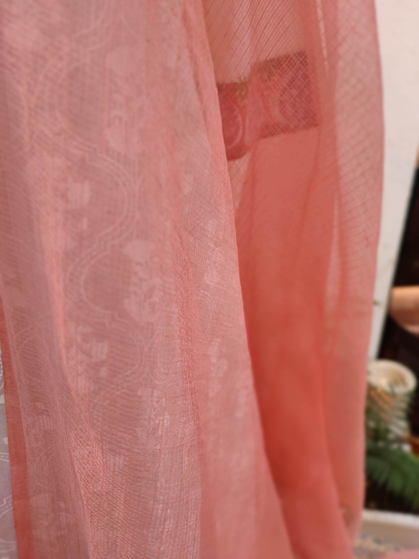 White Handblock Cotton Ready-Made Kurta Set with Pink Motif Prints and Peach Dupatta