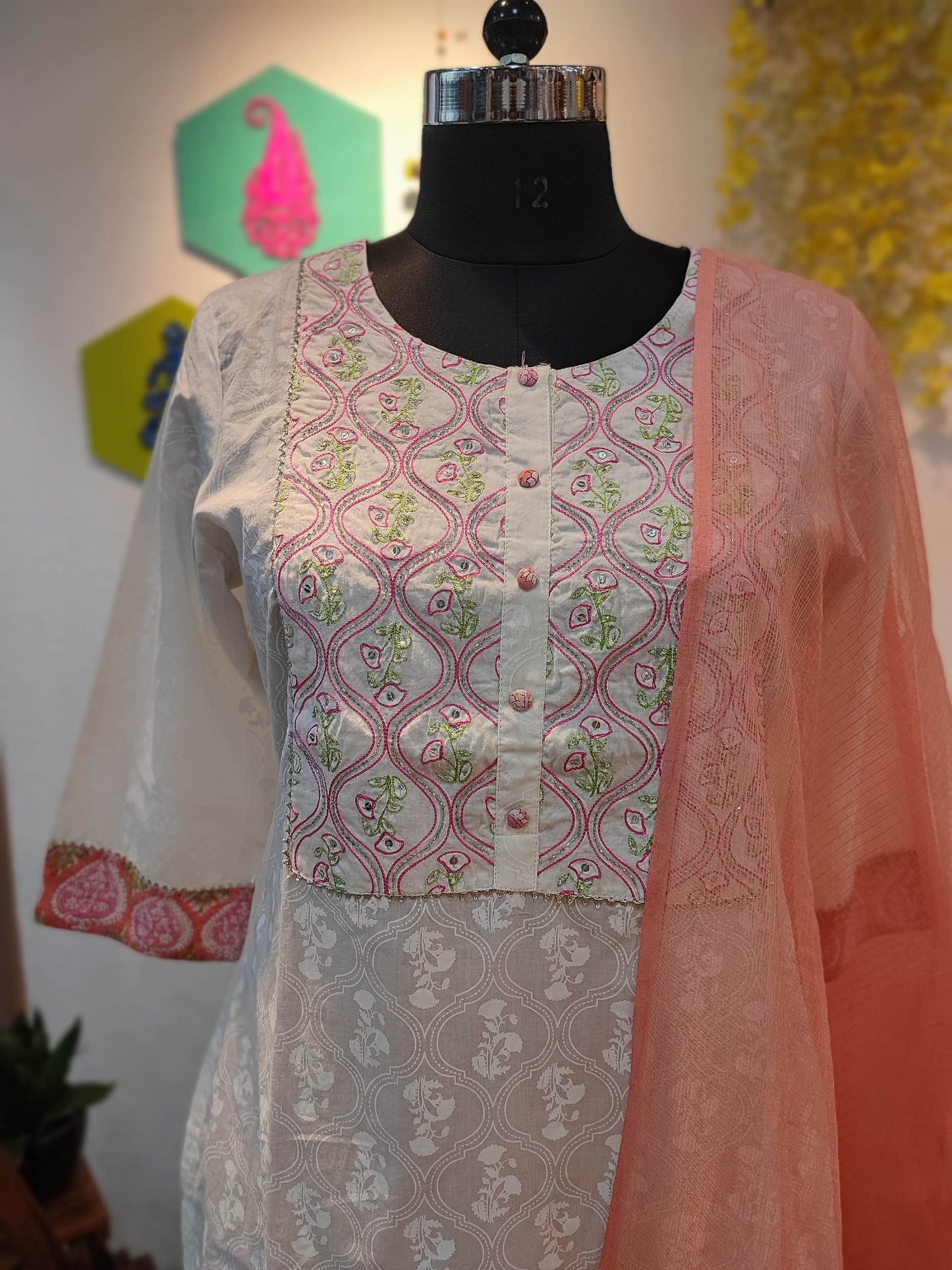 White Handblock Cotton Ready-Made Kurta Set with Pink Motif Prints and Peach Dupatta