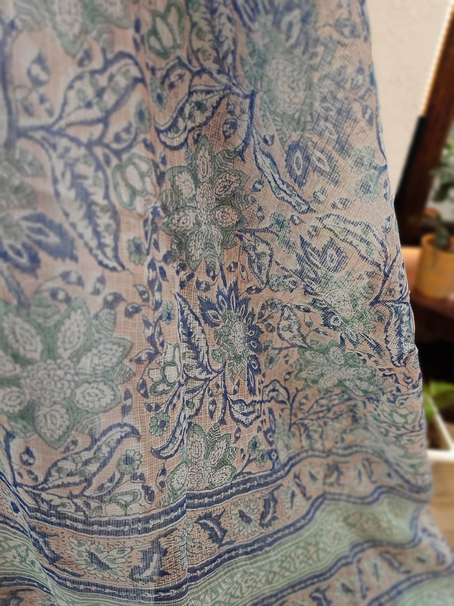 White Handblock Cotton Ready-Made Kurta Set with Blue Motif Prints and Matching Dupatta
