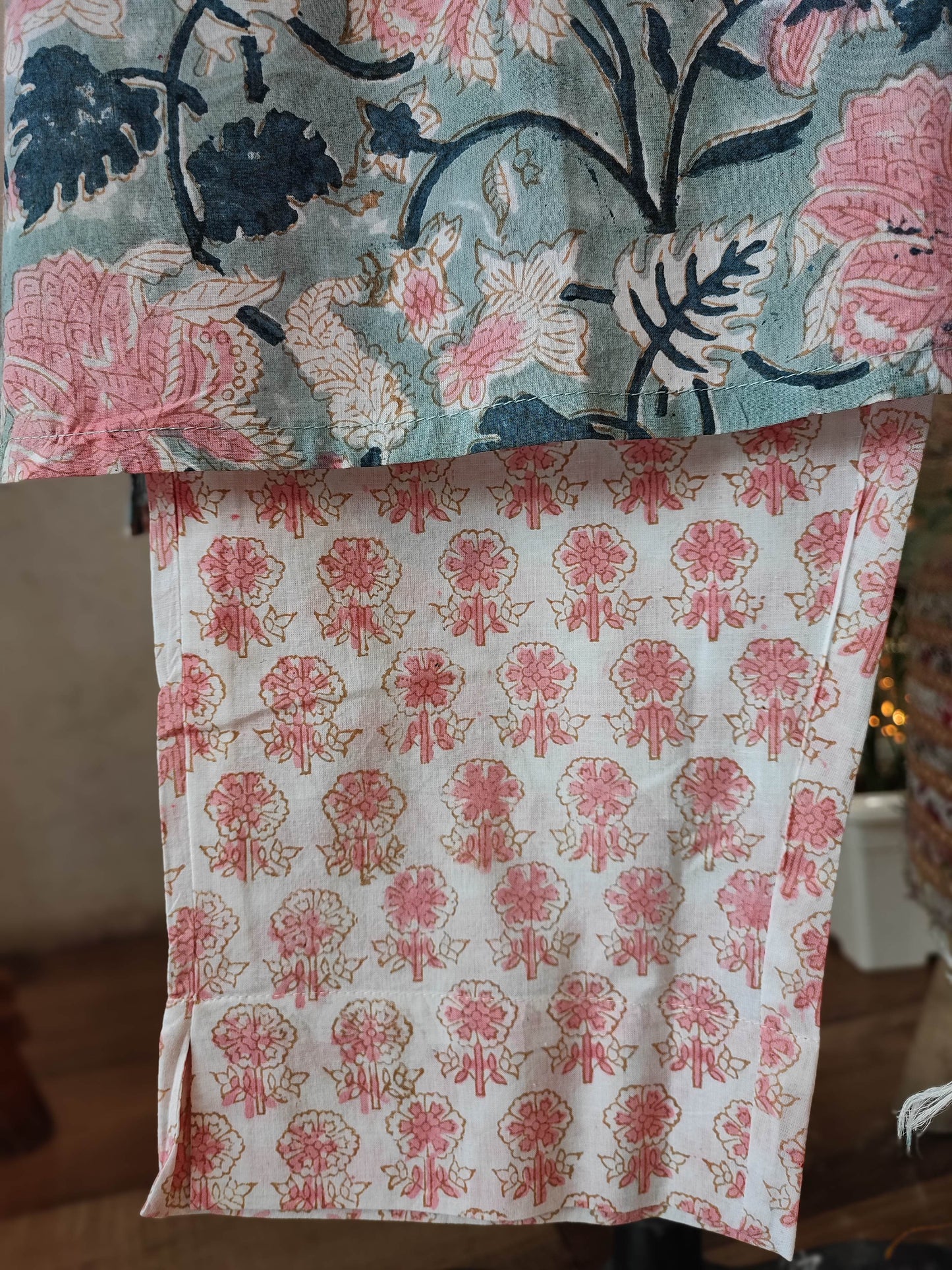 Light Blue Floral Handblock Cotton Ready-Made Kurta Set with Dupatta
