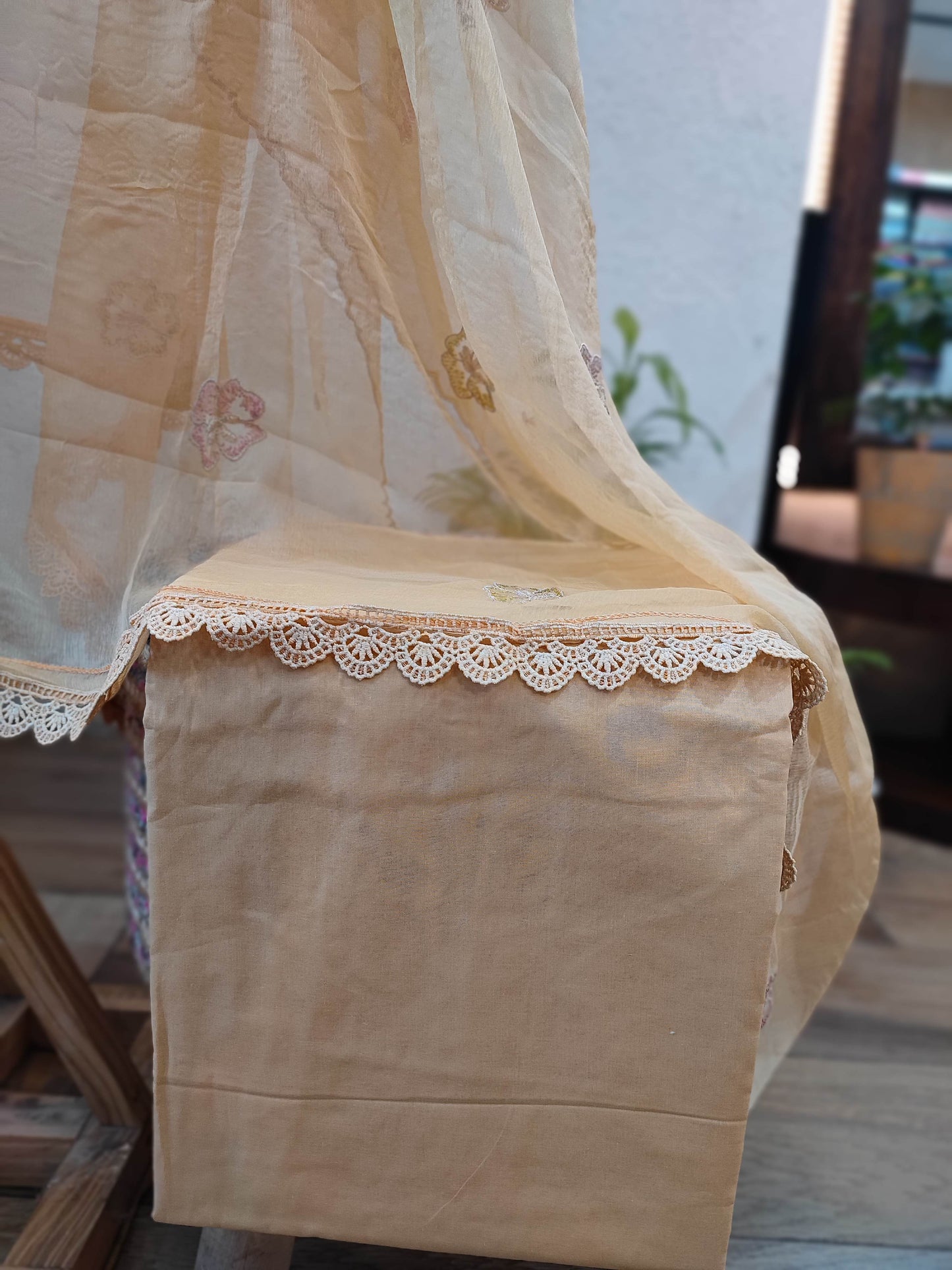 Cotton Suit with cotton Bottom and chiffon dupatta