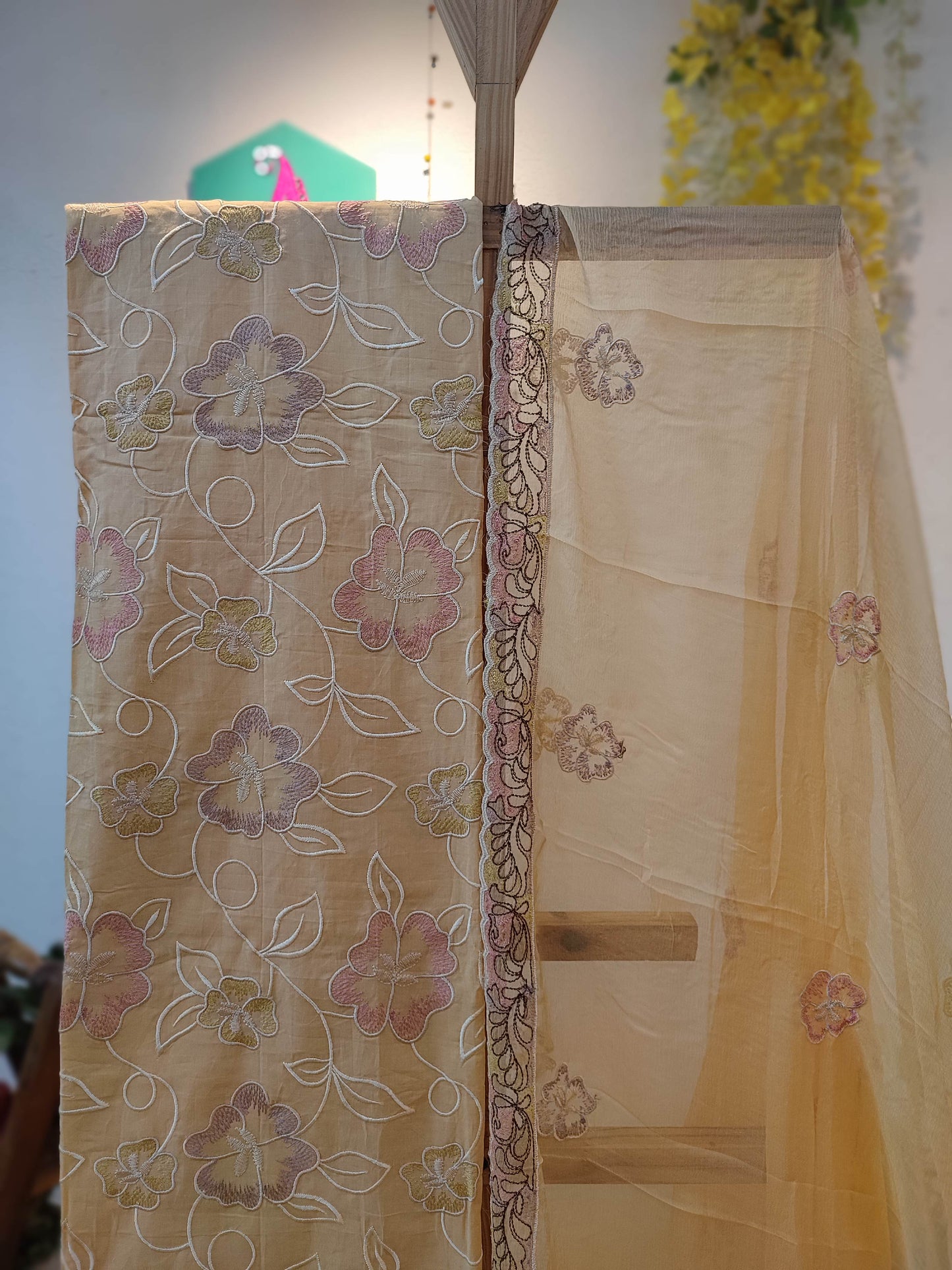 Cotton Suit with cotton Bottom and chiffon dupatta