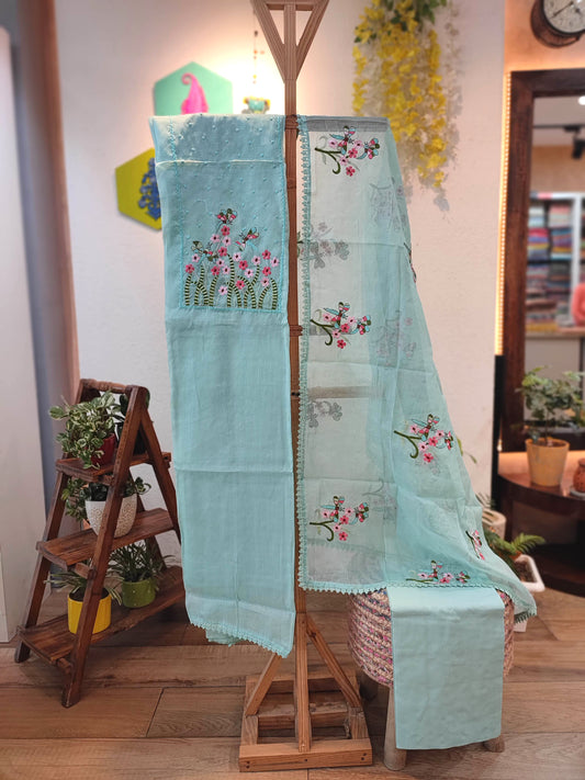 Sky Blue organza kota Suit with cotton bottom and organza kota Dupatta