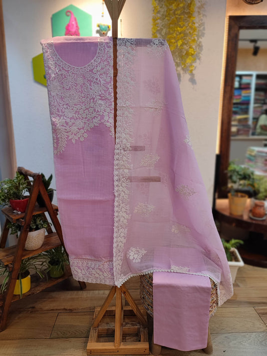 Soft Pink Kota Linen Suit with White Embroidery, Pearl Work, Bottom and kota Dupatta