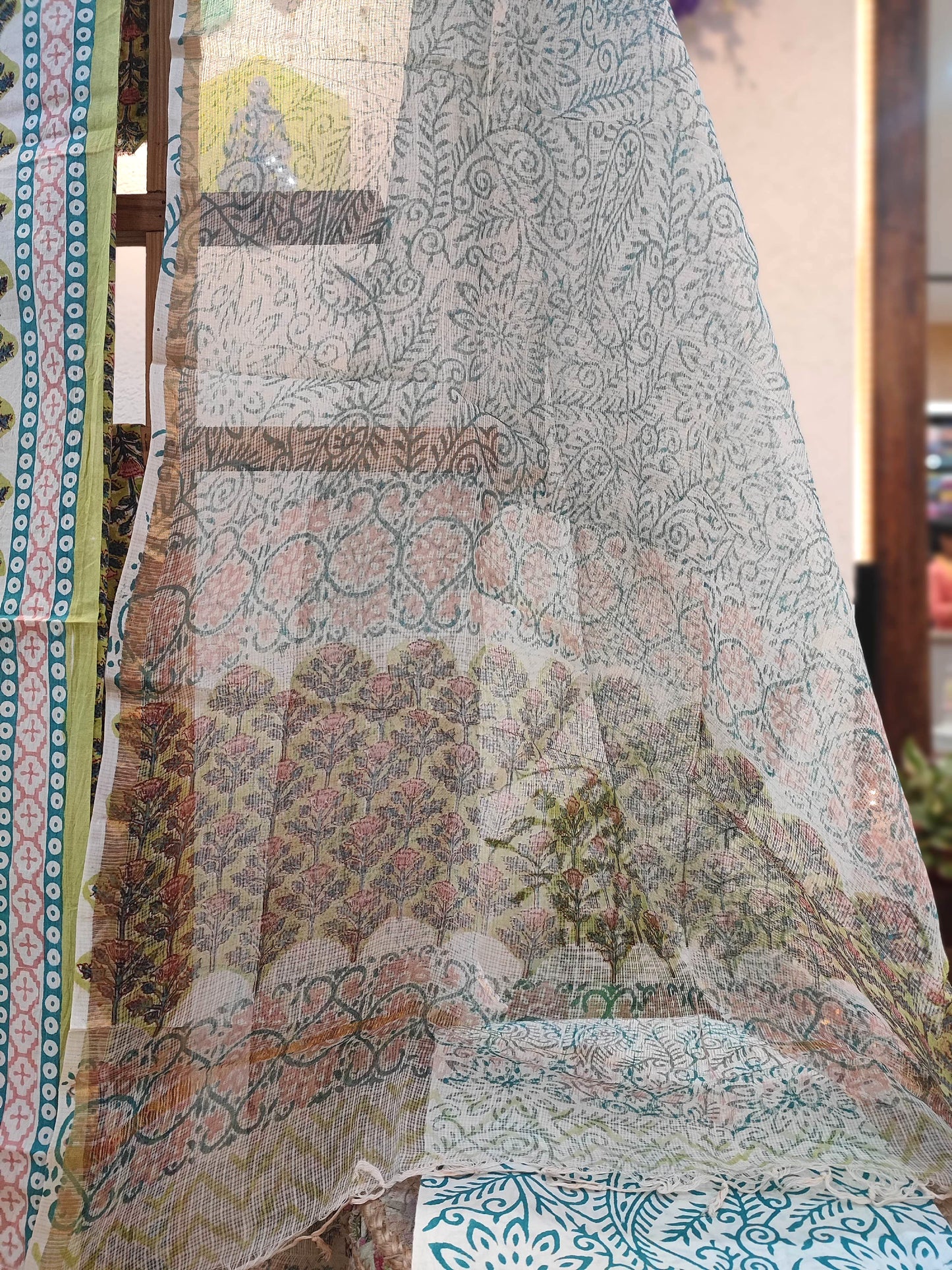 Off-White Maroon Green Floral Cotton Suit Set with cotton bottom andOff-White Kota Doria Dupatta