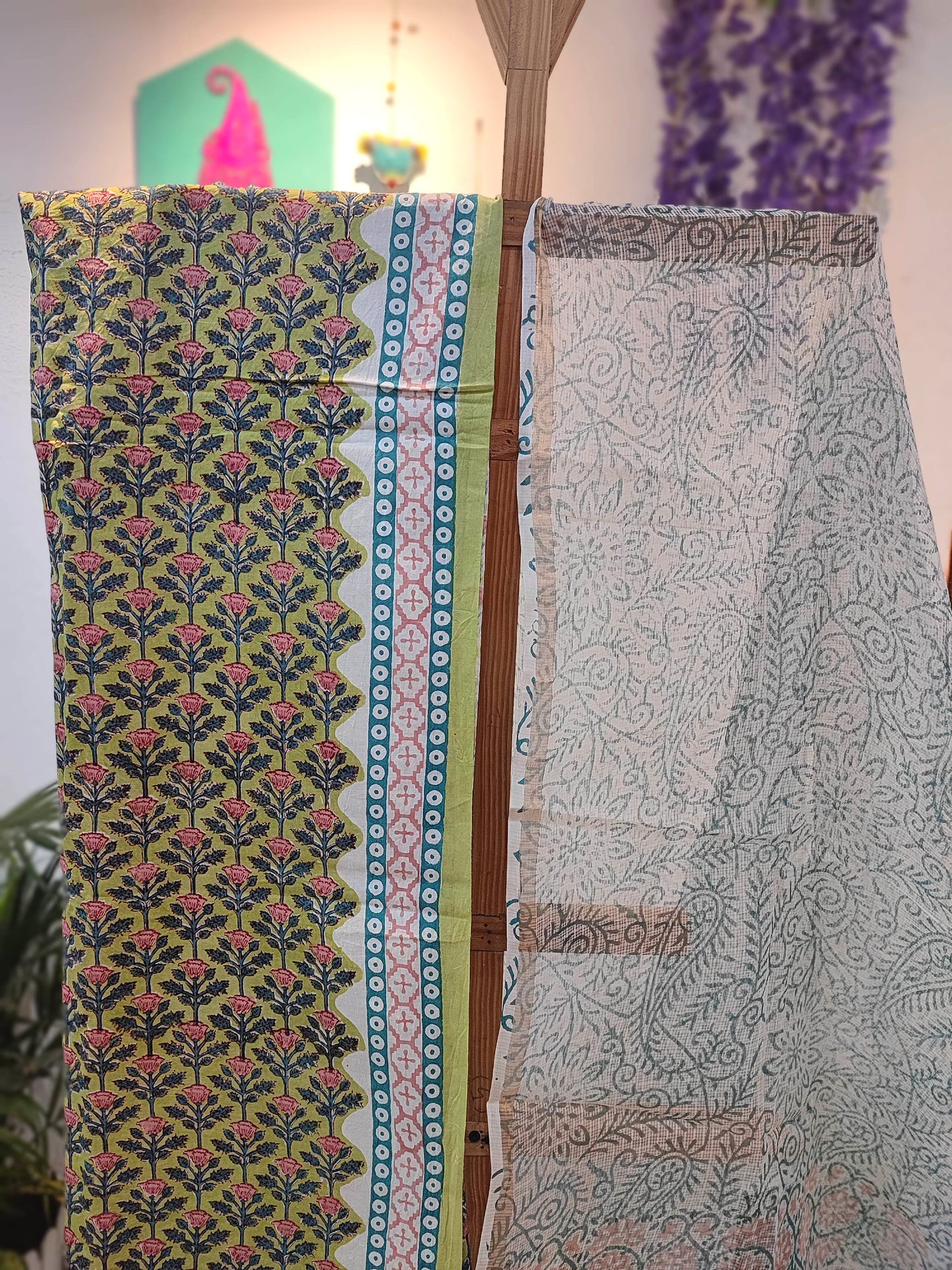 Off-White Maroon Green Floral Cotton Suit Set with cotton bottom andOff-White Kota Doria Dupatta