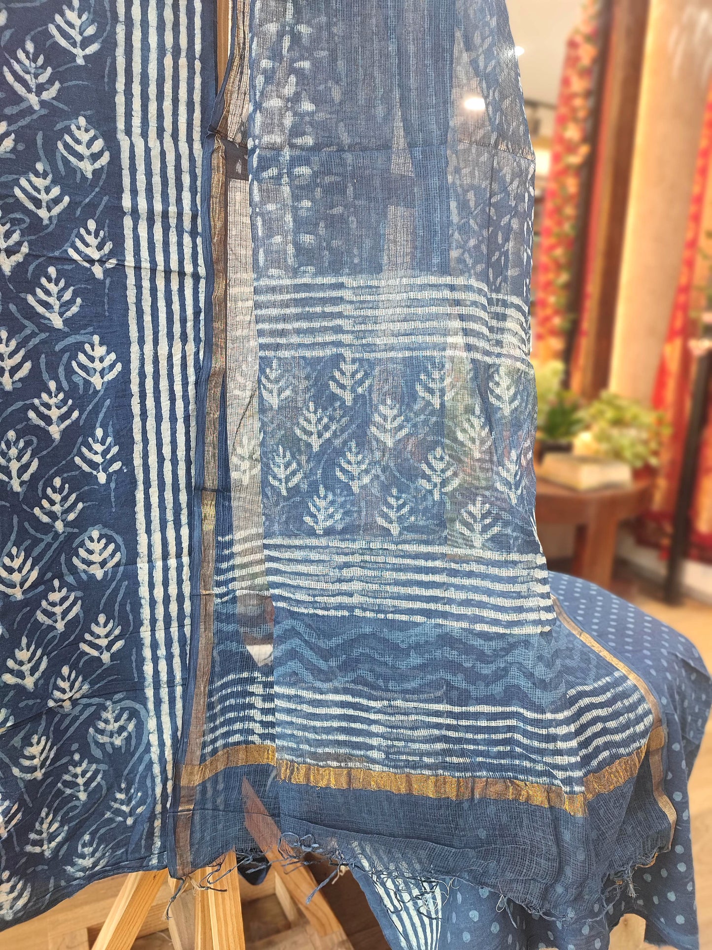 Pure Cotton Blue White Polka Dot Suit with cotton bottom & Kota Doria Dupatta
