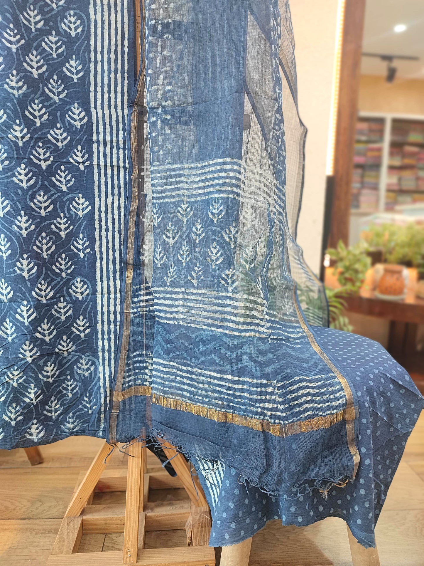 Pure Cotton Blue White Polka Dot Suit with cotton bottom & Kota Doria Dupatta