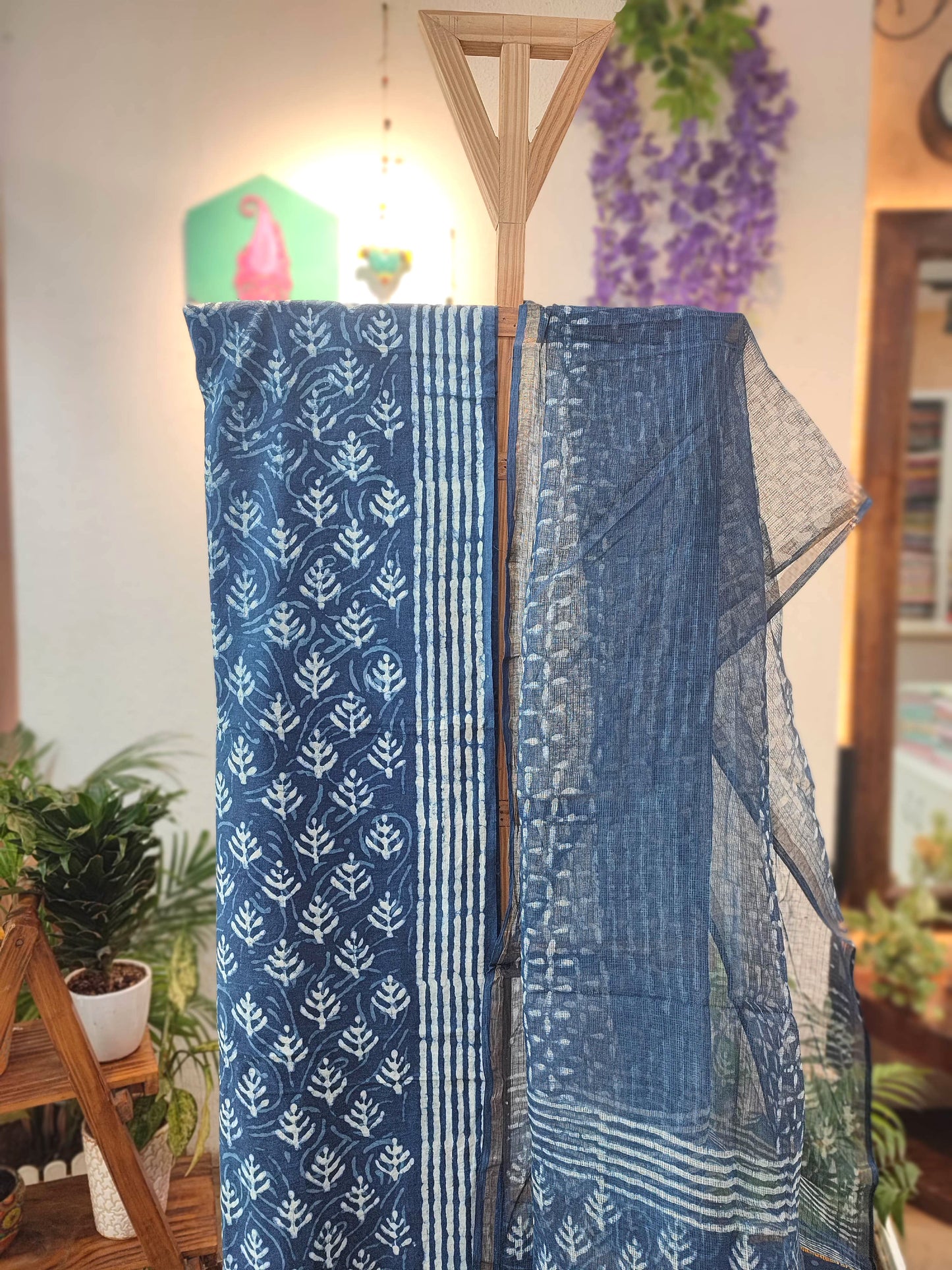 Pure Cotton Blue White Polka Dot Suit with cotton bottom & Kota Doria Dupatta