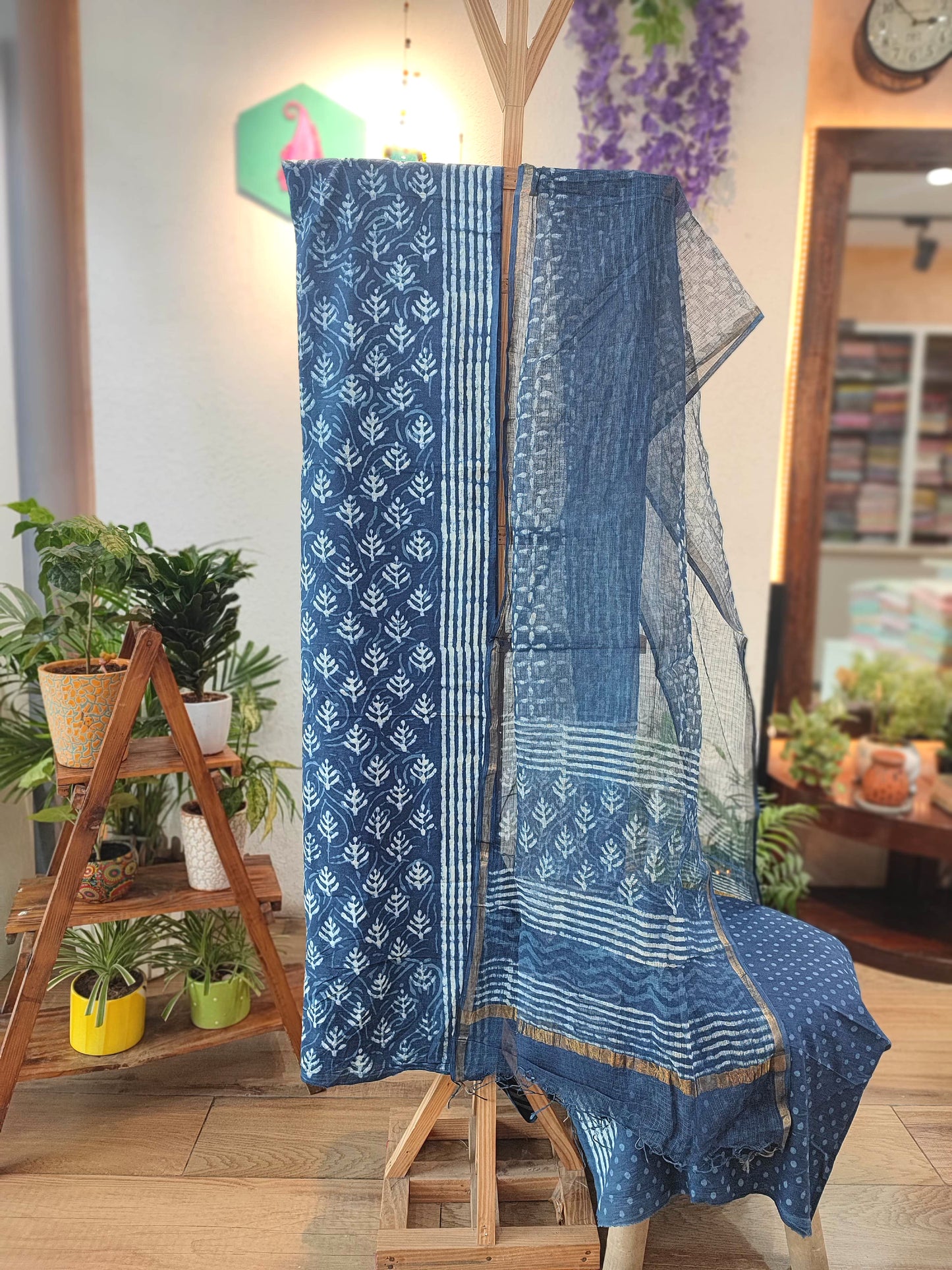 Pure Cotton Blue White Polka Dot Suit with cotton bottom & Kota Doria Dupatta