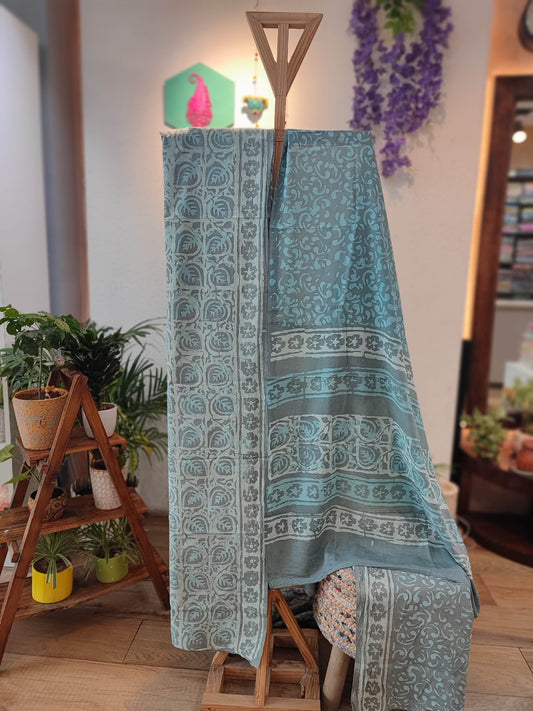 Light Blue Beige and White Floral Cotton Suit with Cotton Bottom & Mulmul Cotton Dupatta