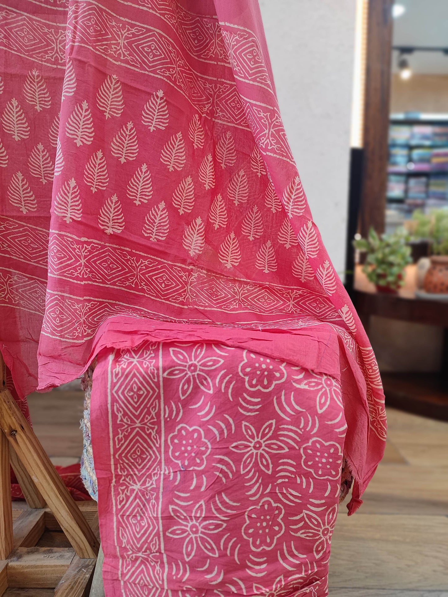 Pink and White Paisley print Cotton Suit with Cotton Bottom & Mulmul Cotton Dupatta