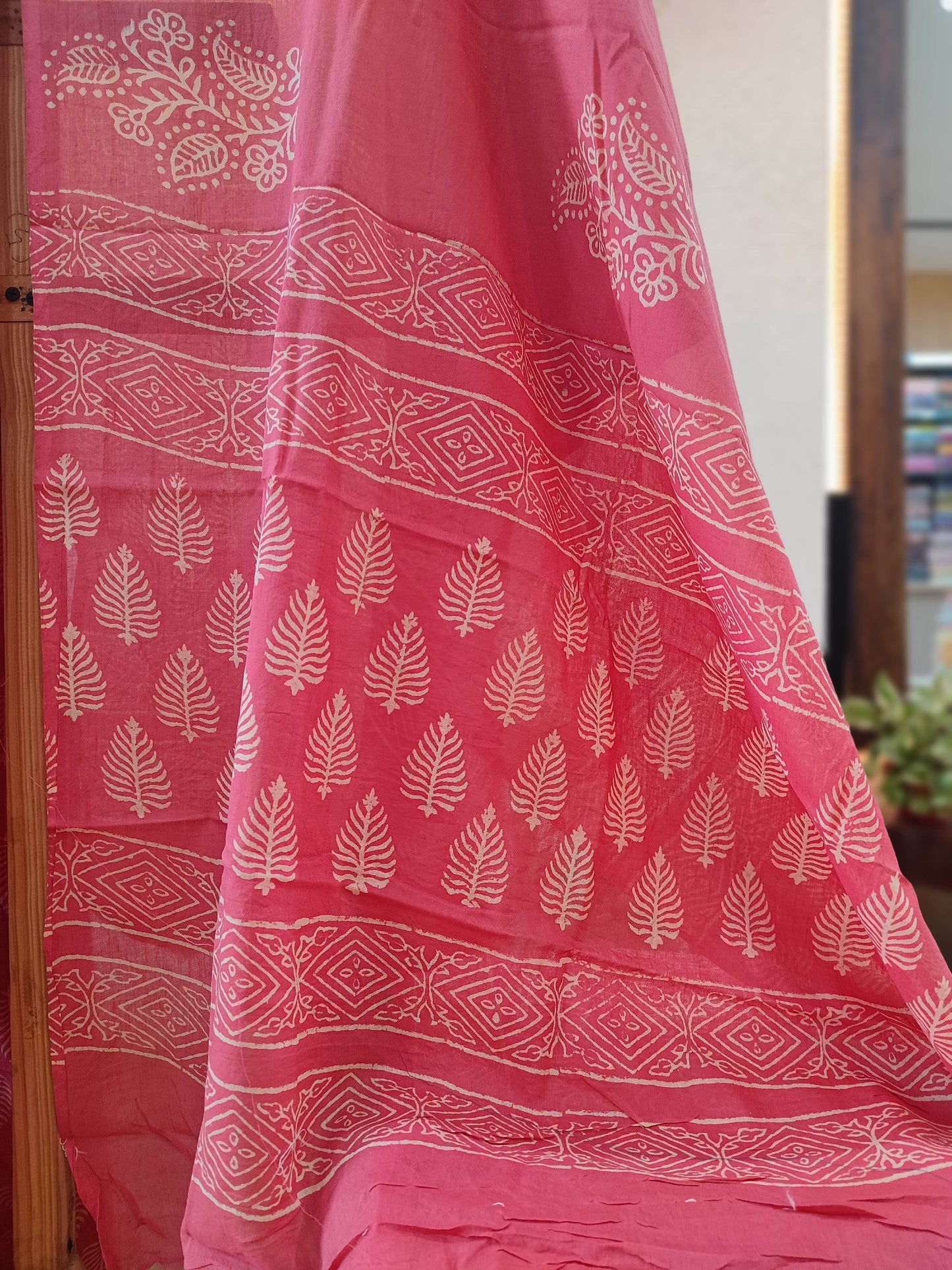Pink and White Paisley print Cotton Suit with Cotton Bottom & Mulmul Cotton Dupatta