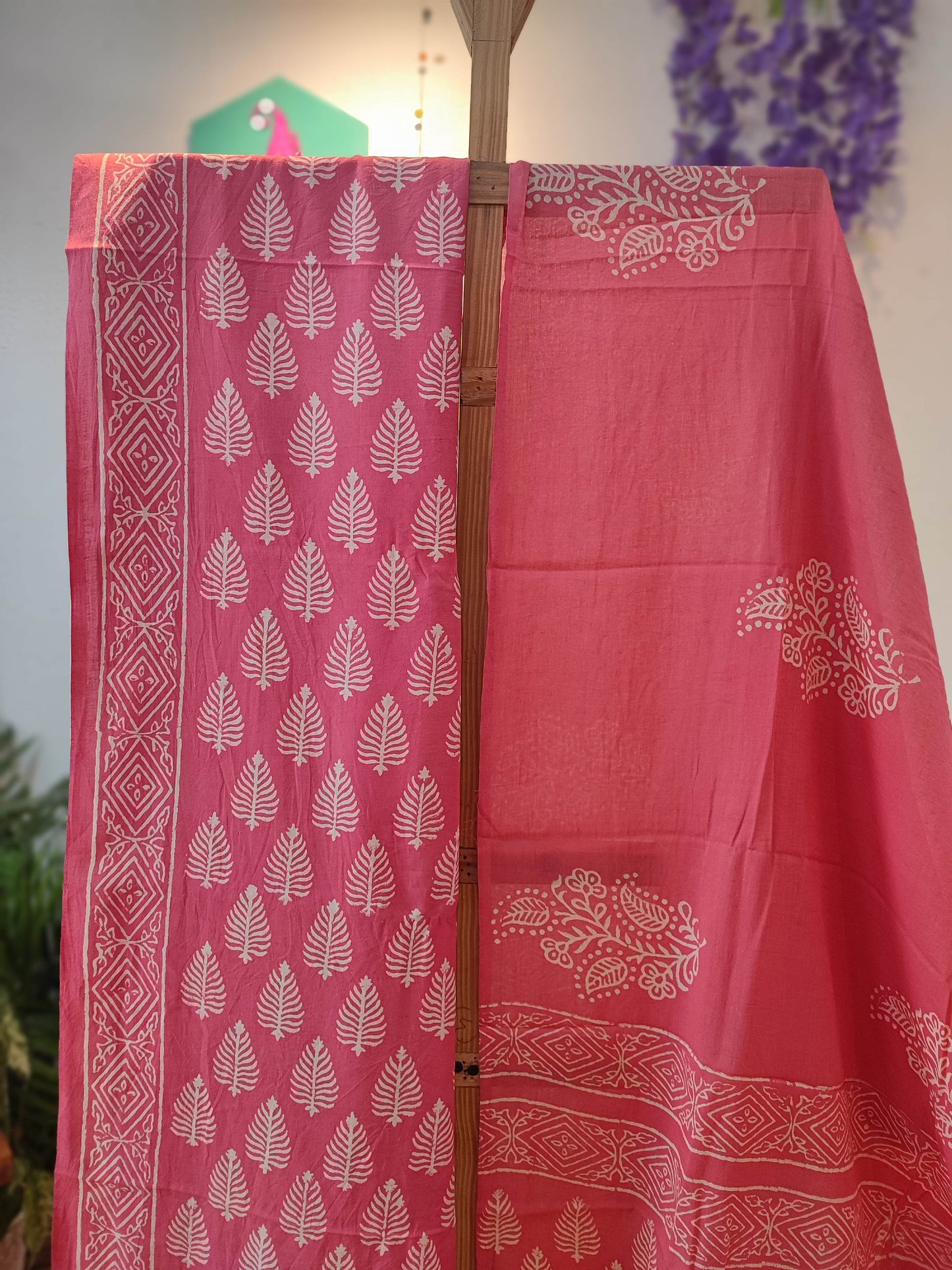 Pink and White Paisley print Cotton Suit with Cotton Bottom & Mulmul Cotton Dupatta