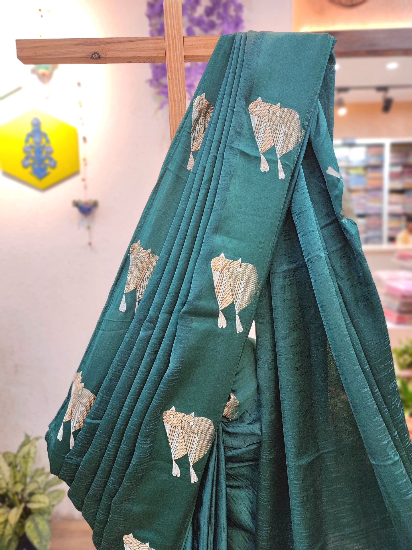 Bottle Green Gajji Silk Banarasi Saree with Zari Sparrow Bird Motifs & Running Blouse