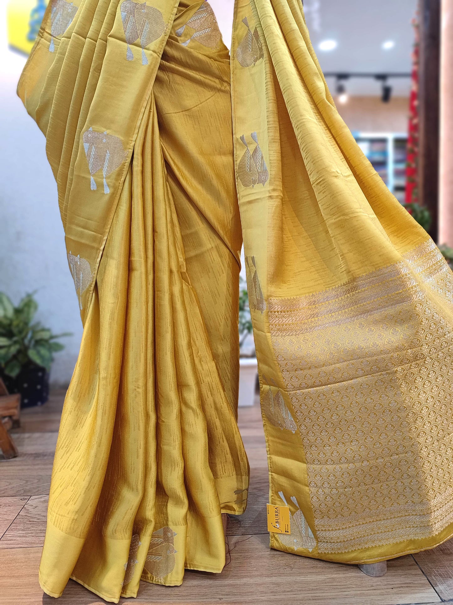 Yellow Gajji Silk Banarasi Saree with Zari Sparrow Bird Motifs & Running Blouse
