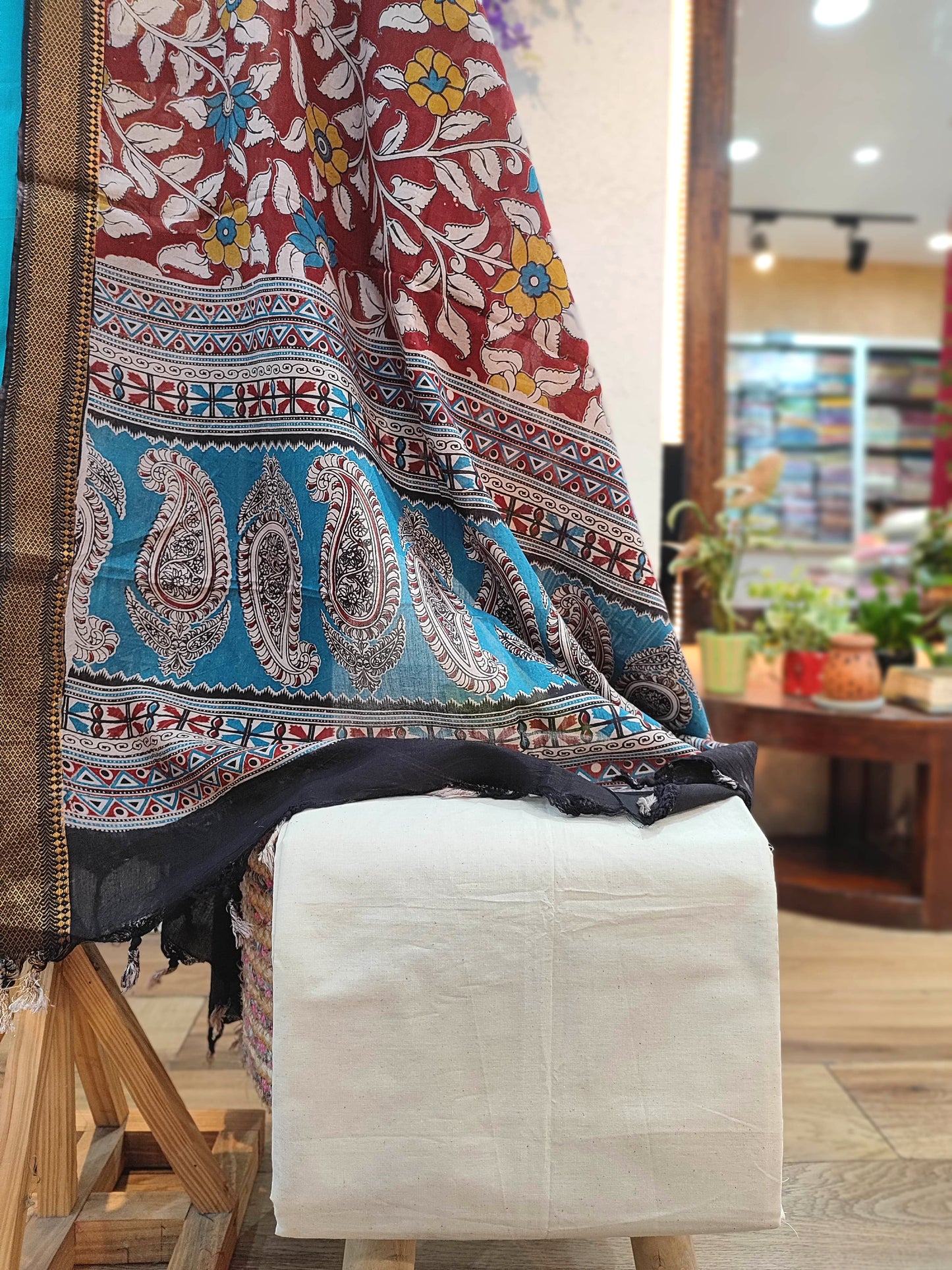 Turquoise Blue Handloom Cotton Suit with Maroon Kalamkari Dupatta & Off-White Bottom