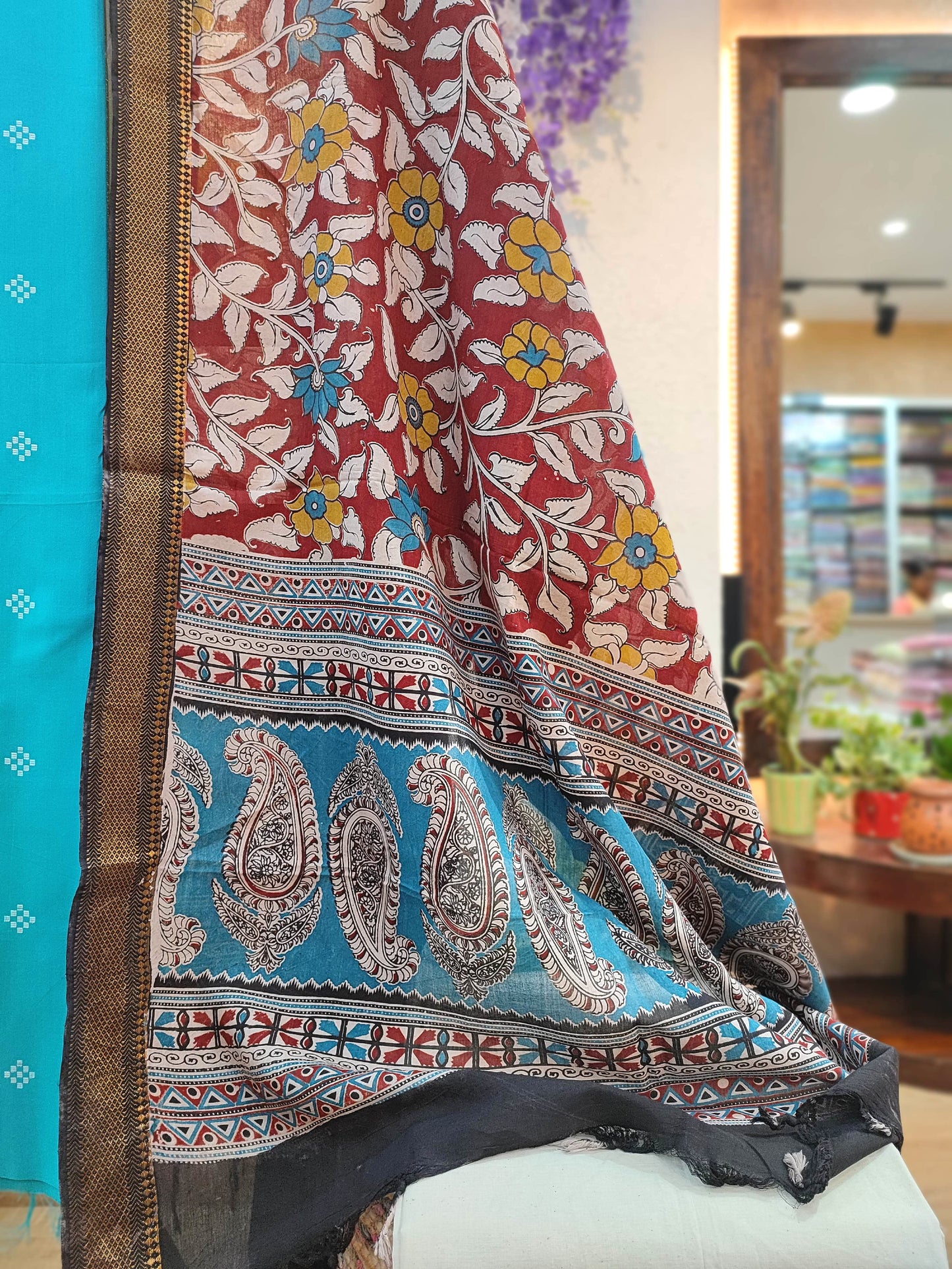 Turquoise Blue Handloom Cotton Suit with Maroon Kalamkari Dupatta & Off-White Bottom
