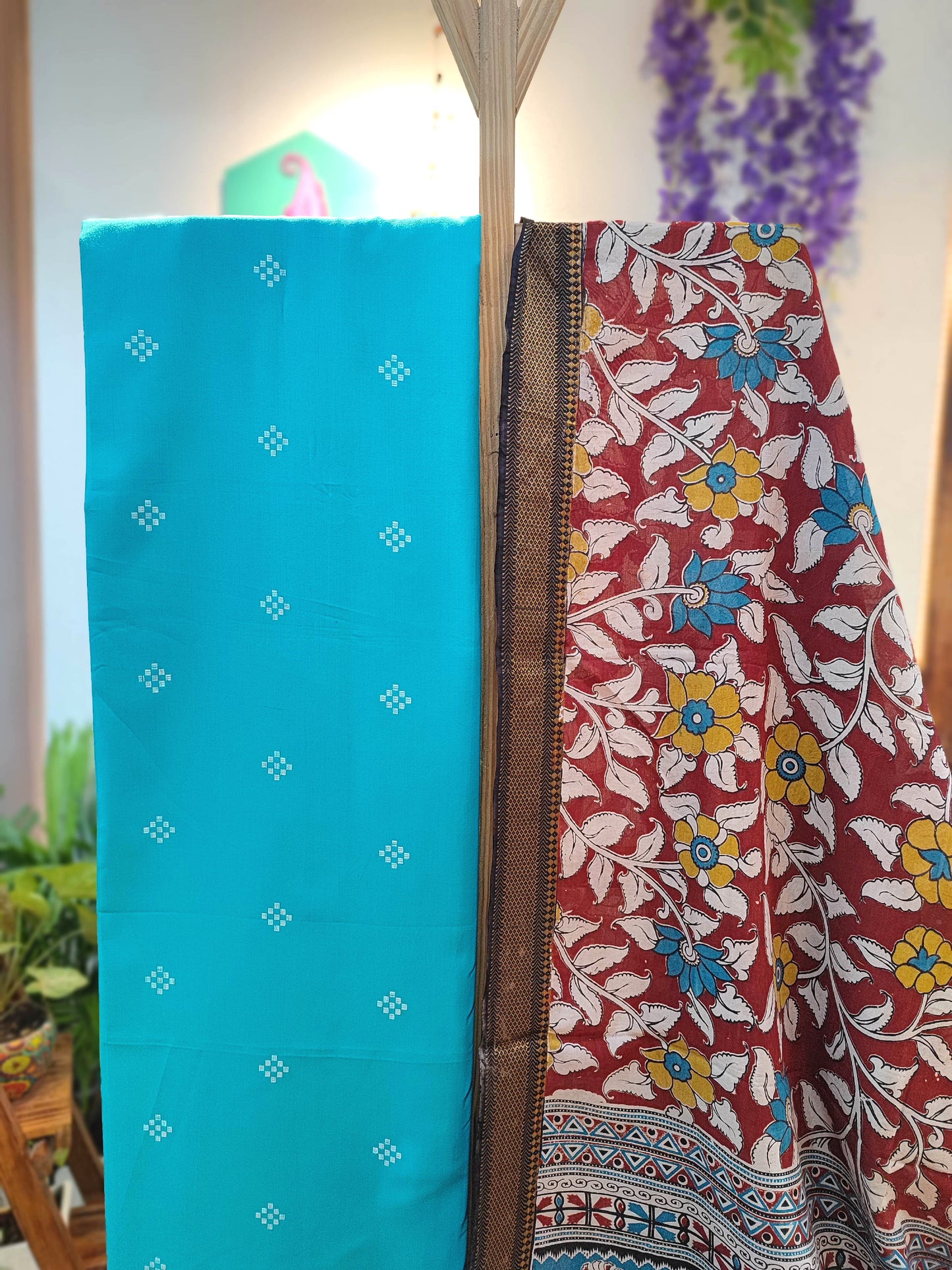 Turquoise Blue Handloom Cotton Suit with Maroon Kalamkari Dupatta & Off-White Bottom